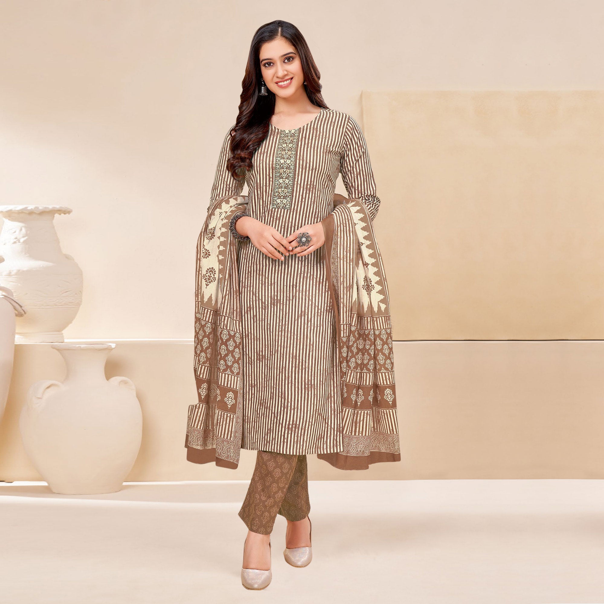 Brown Printed With Tie Embroidered Pure Cotton Suit