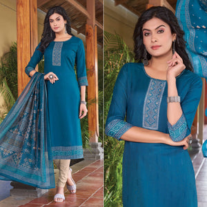 Blue Embroidered Rayon Kurti With Dupatta