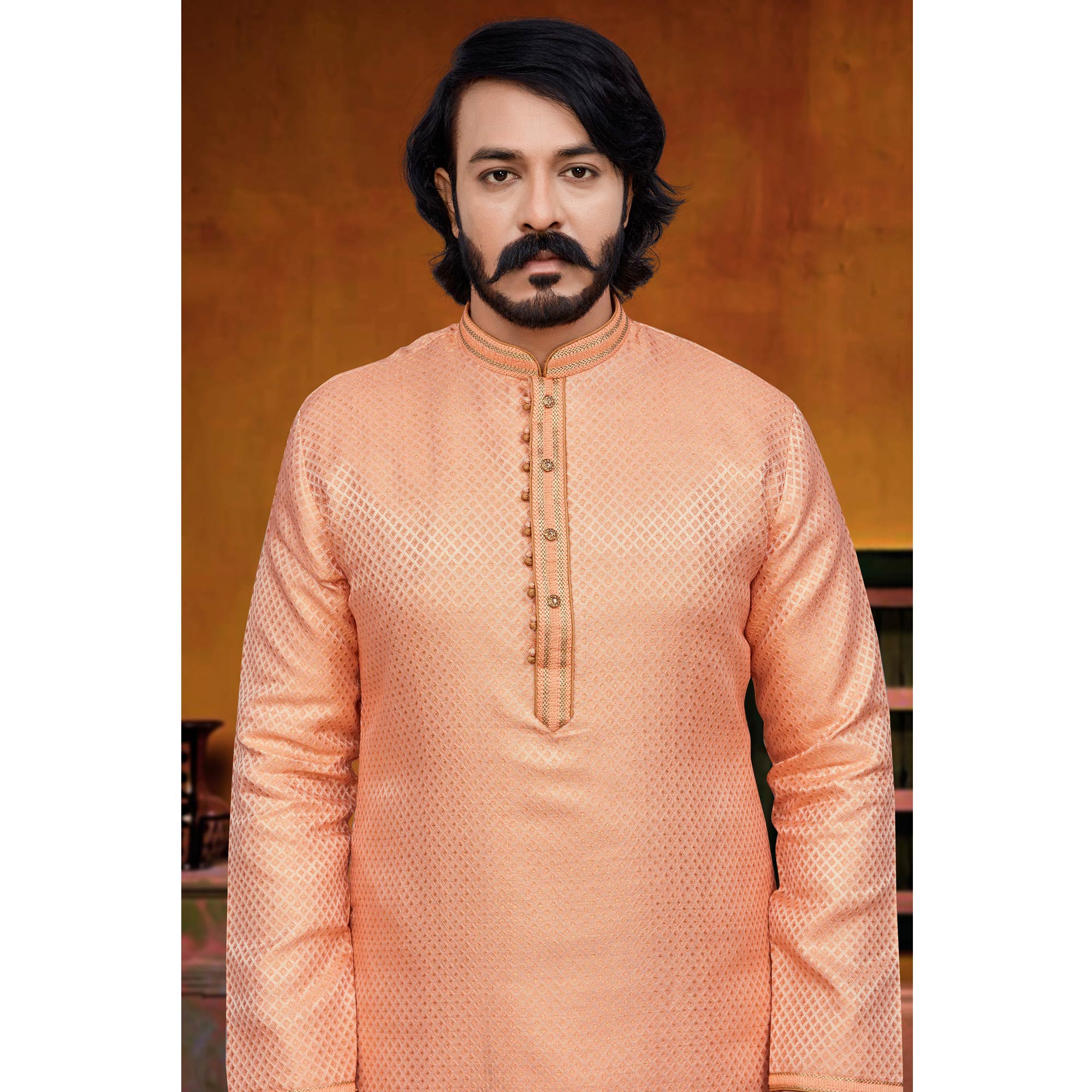 Peach Woven Jacquard Kurta Pyjama Set