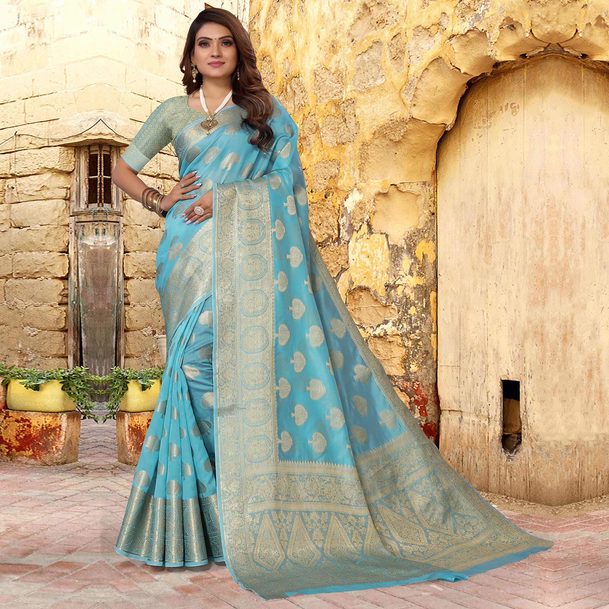 Sky Blue Woven Organza Saree