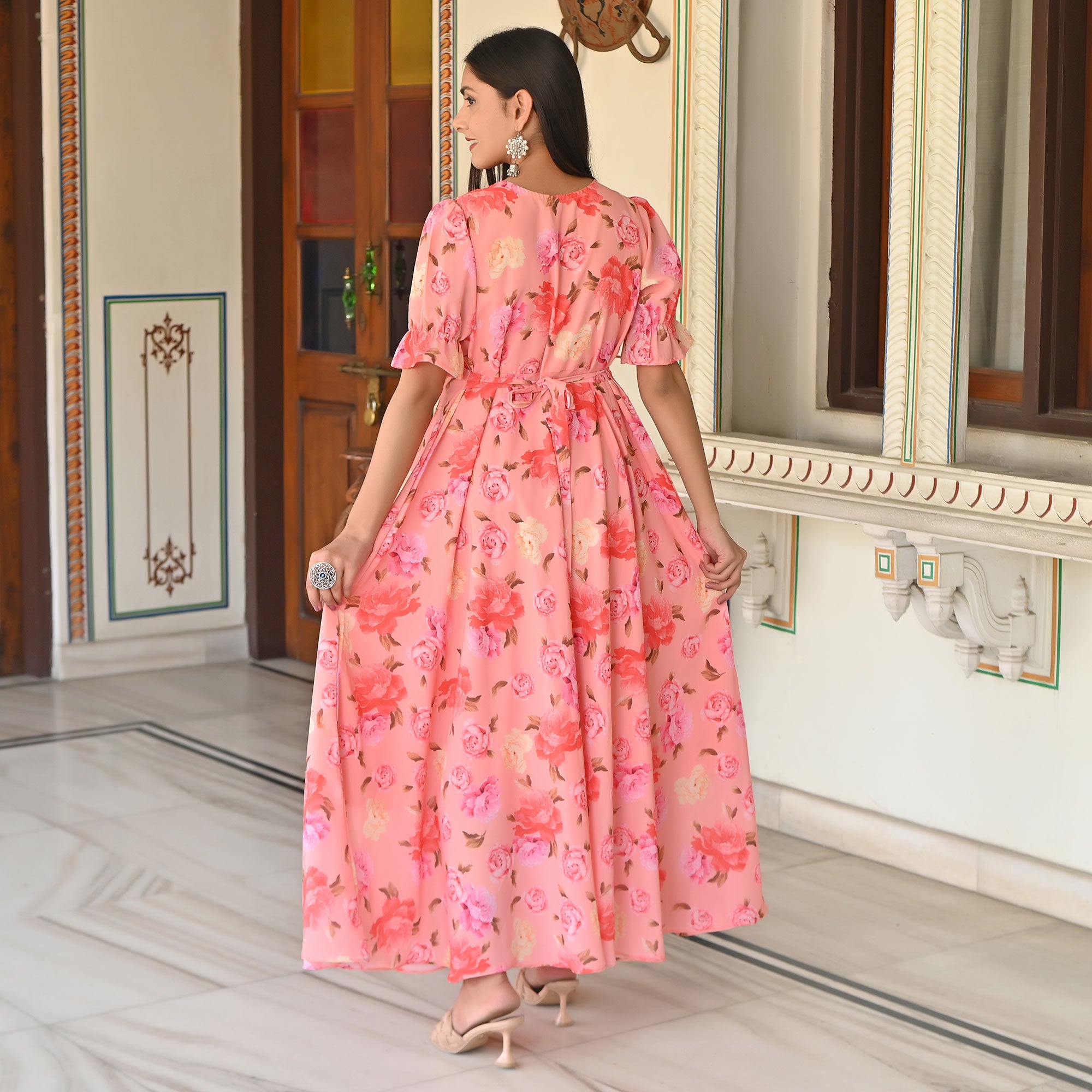 Peach Digital Printed Georgette Gown