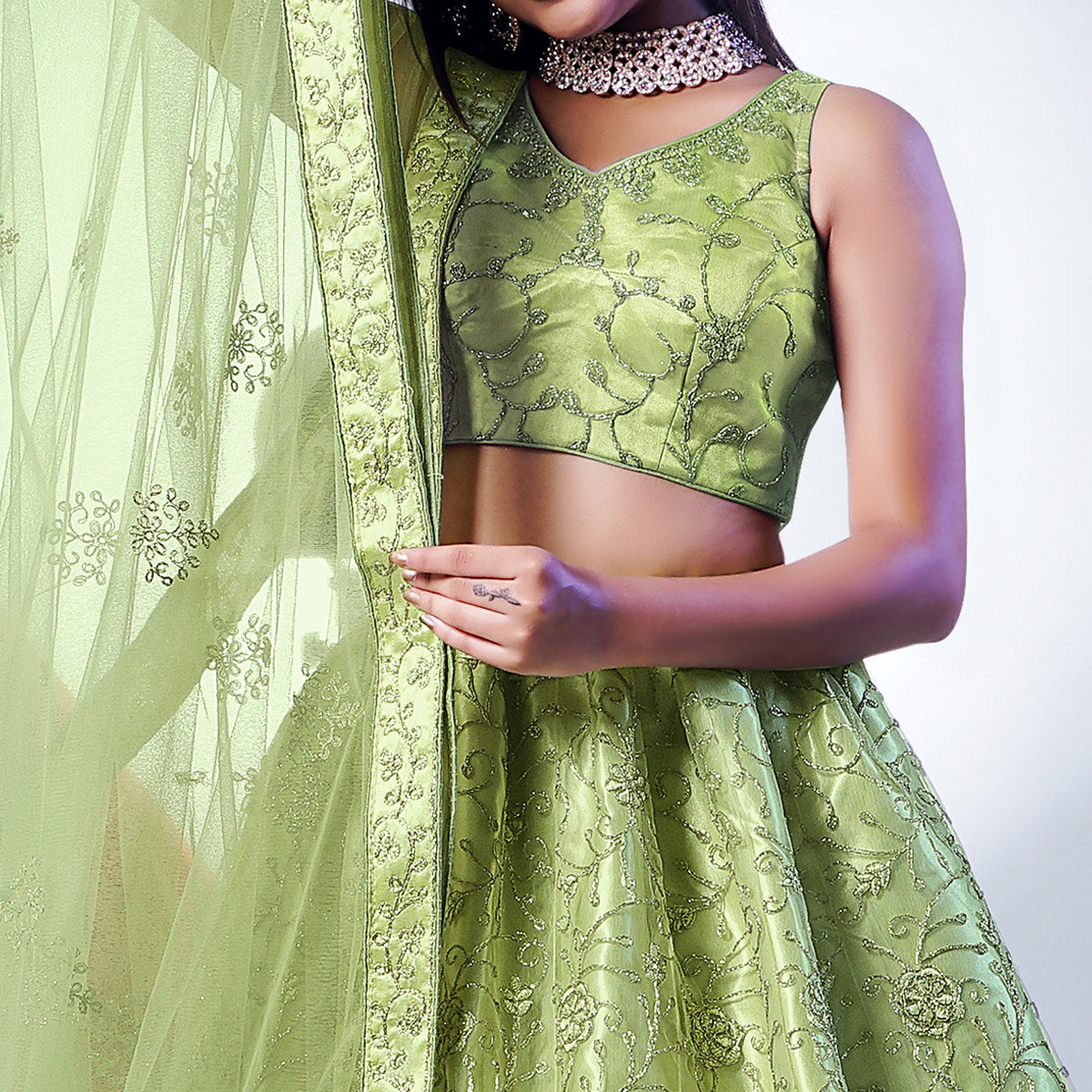 Green Floral Embroidered Net Lehenga Choli