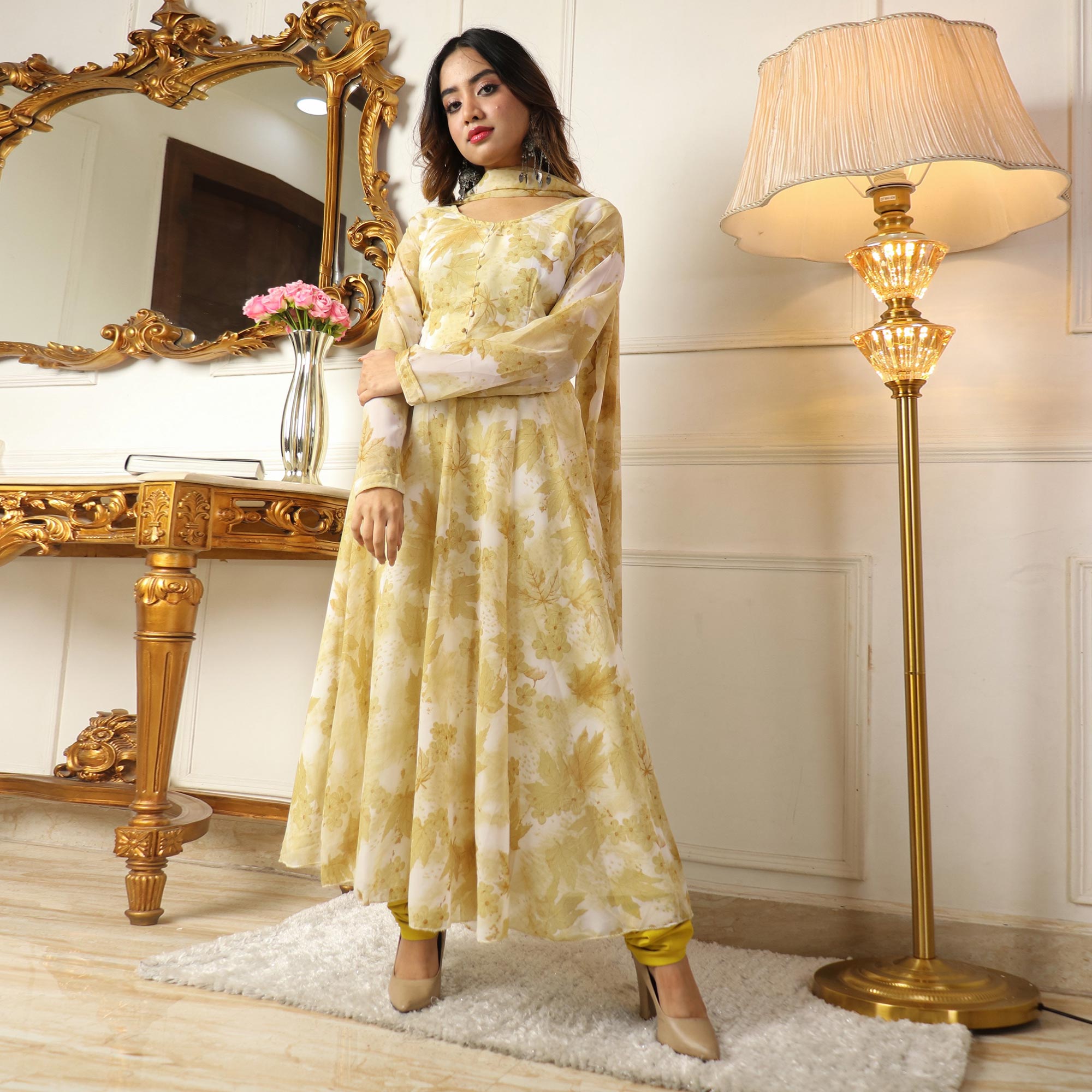Light Yellow Floral Printed Georgette Anarkali Suit