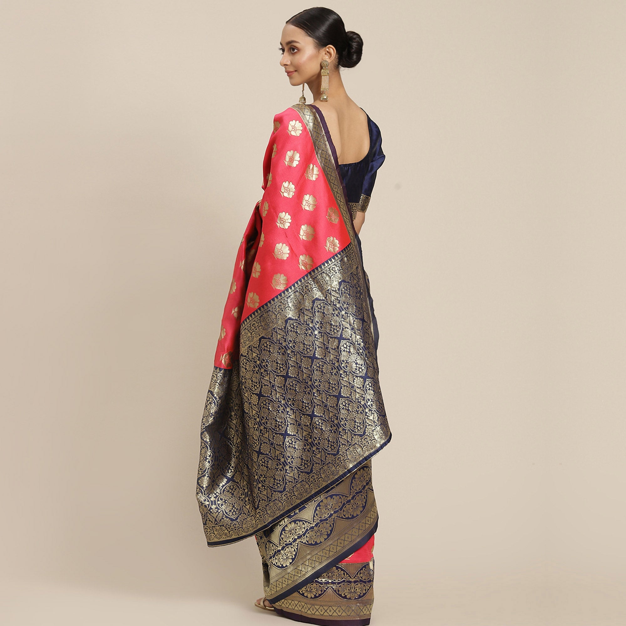 Pink & Navy Blue Woven Banarasi Silk Saree