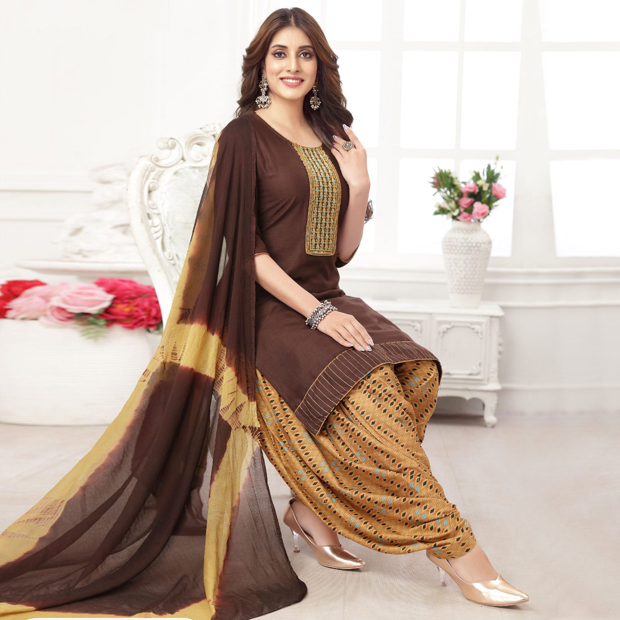 Brown Embroidered Rayon Patiala Suit