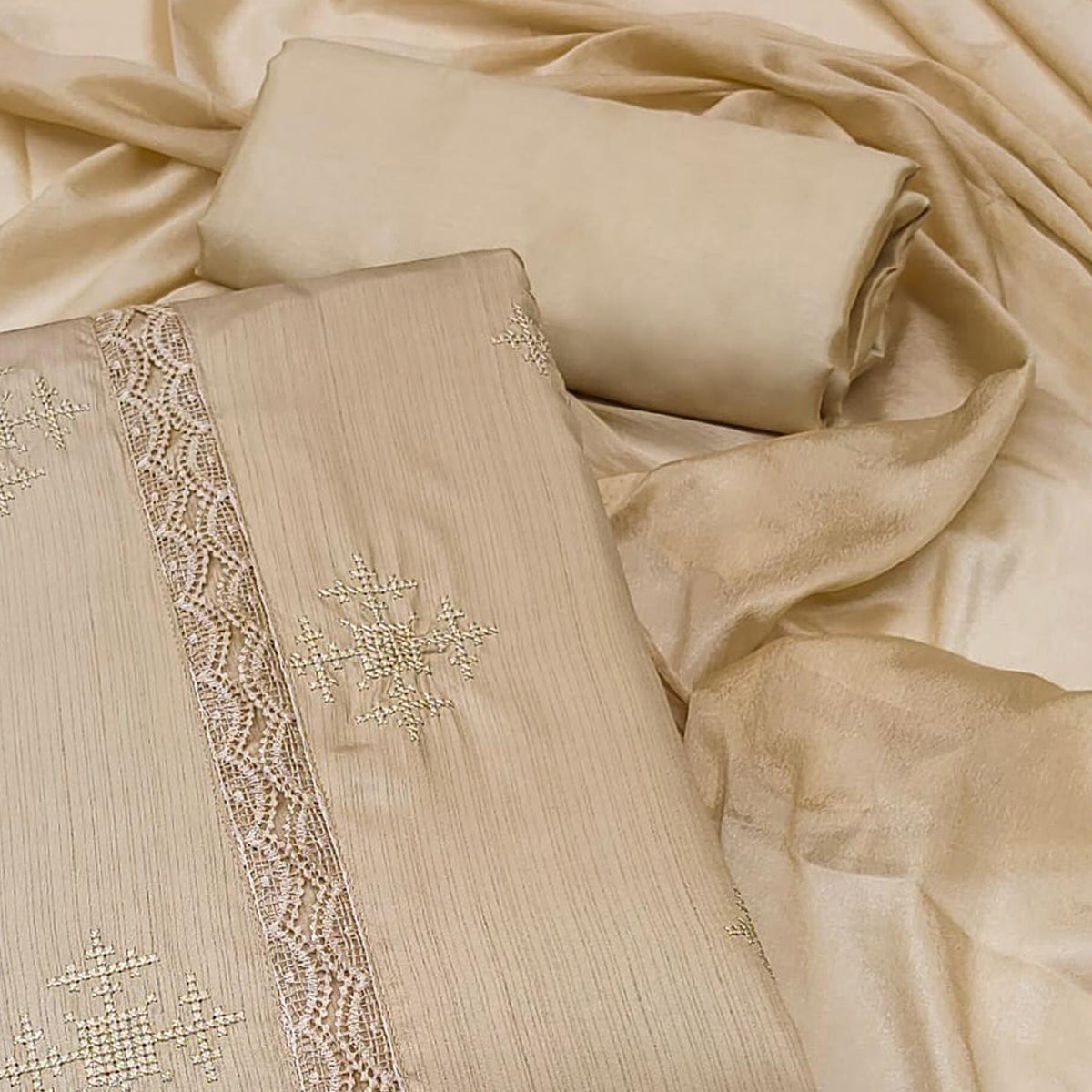 Light Chikoo Embroidered Raw Silk Dress Material