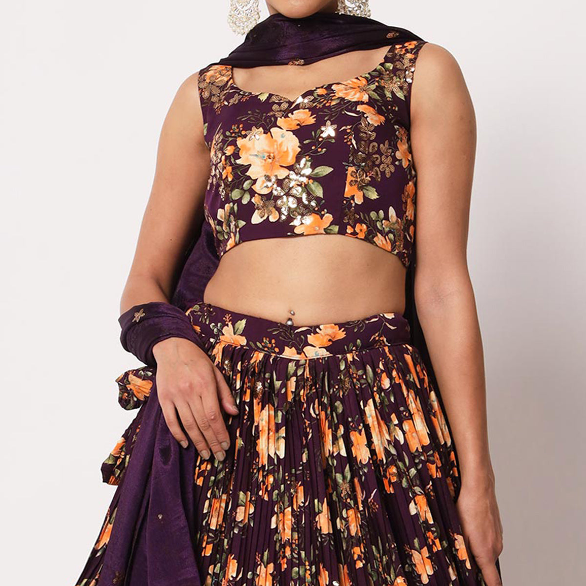 Wine Floral Printed Art Silk Lehenga Choli