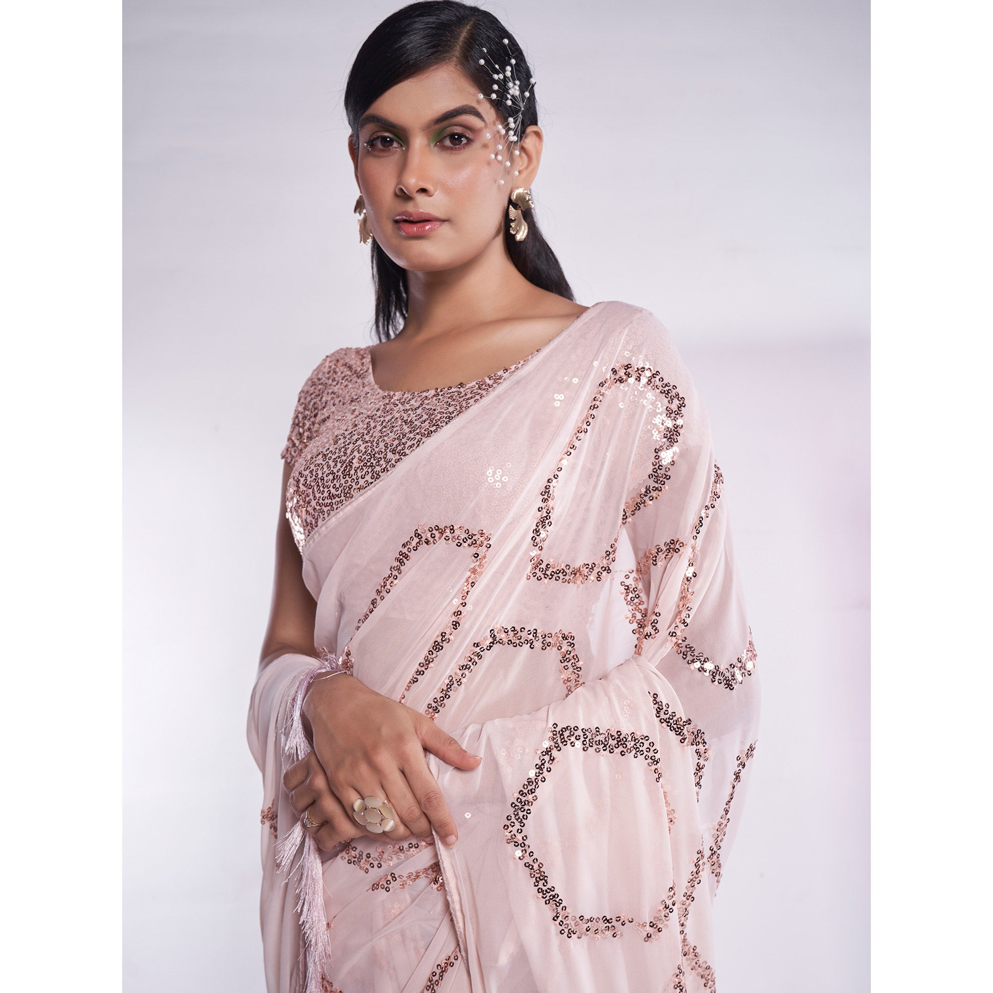 Cream Sequins Embroidered Georgette Saree