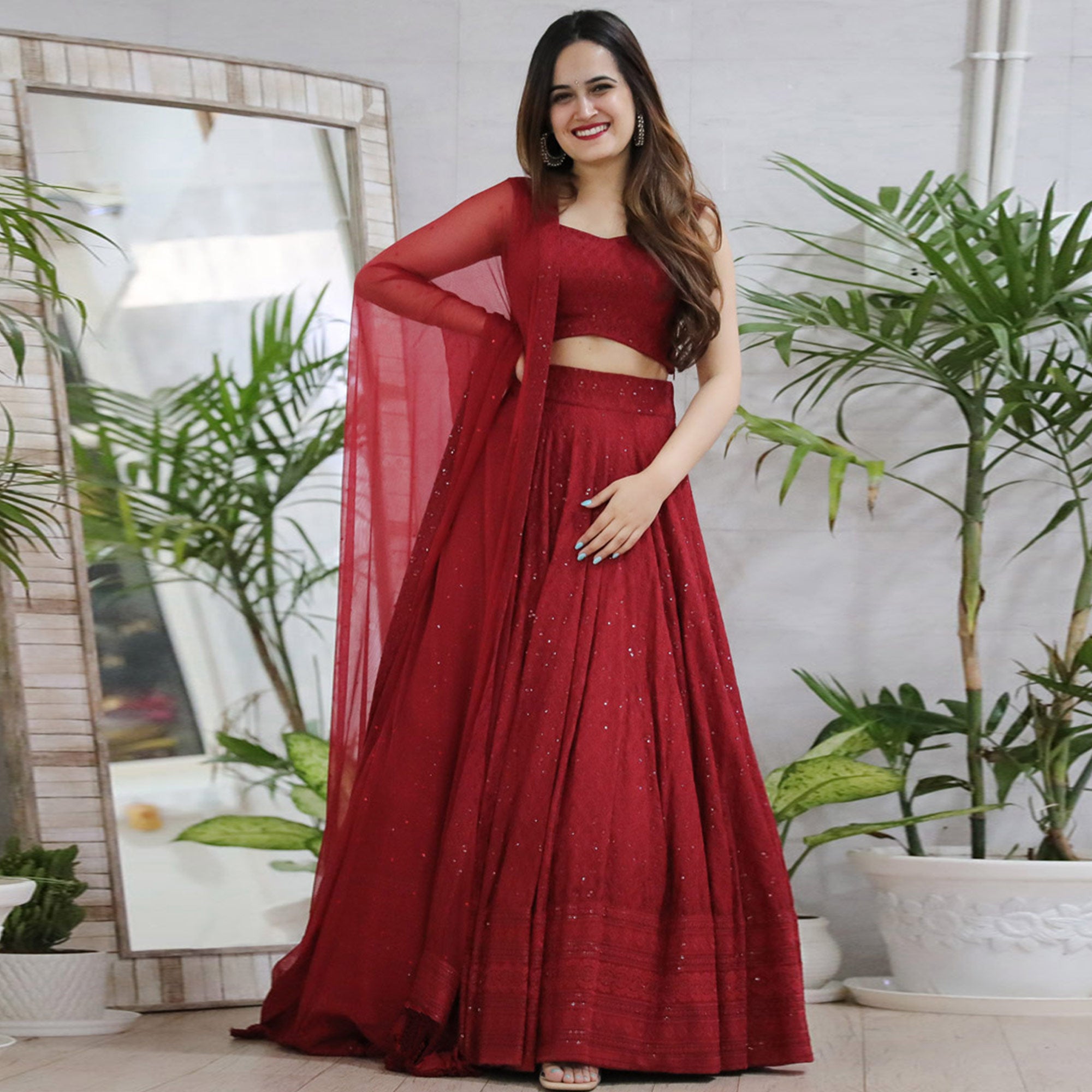 Red Lucknowi With Sequins Work Rayon Lehenga Choli