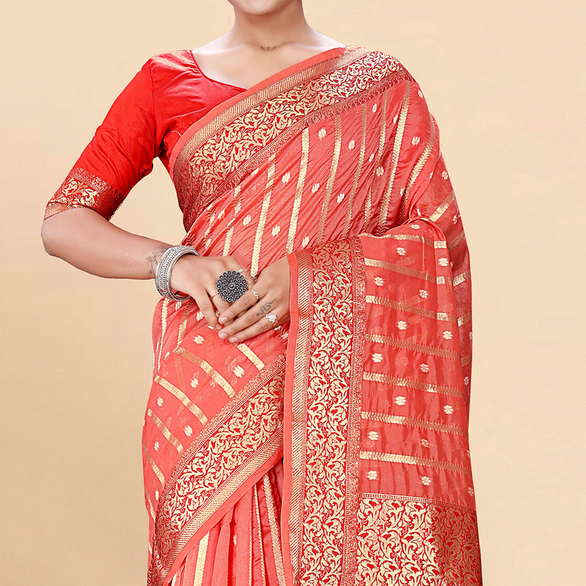 Pink Woven Organza Saree With Tassels