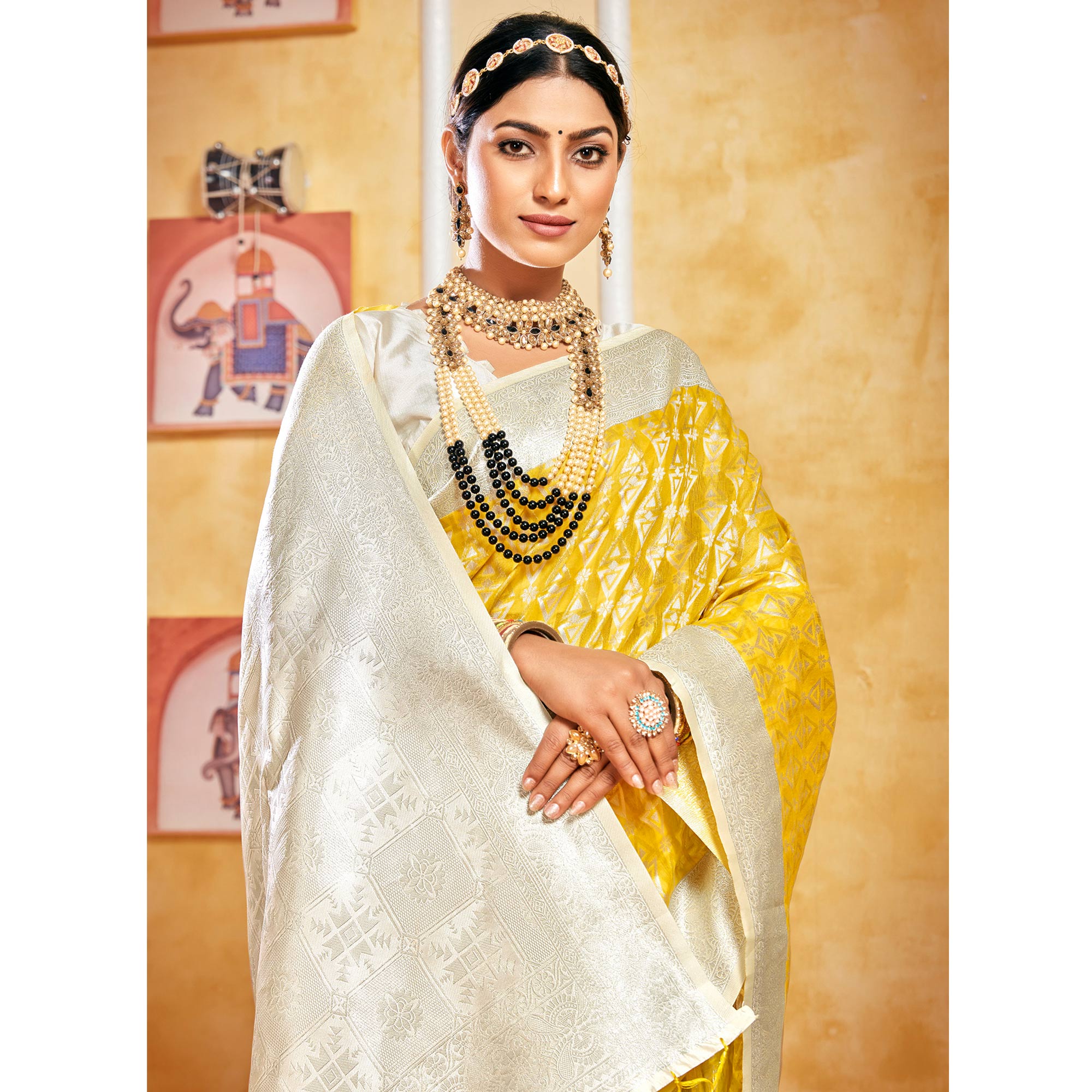 Yellow Woven Cotton Silk Saree With Tassels