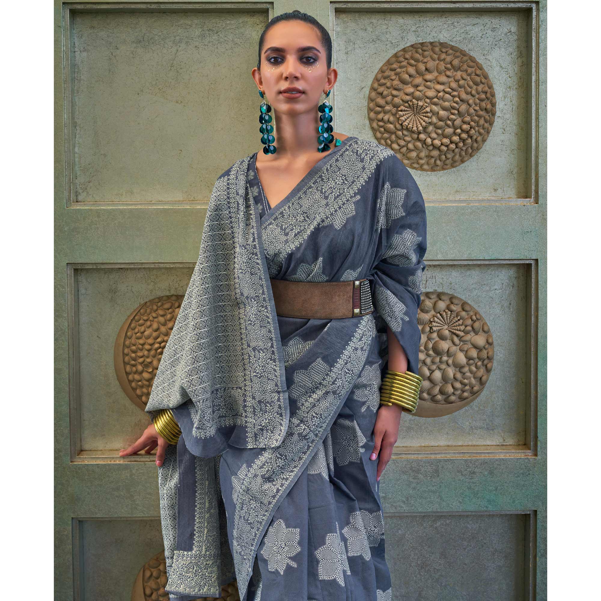 Grey Lucknowi & Sequins Embroidered Art Silk Saree