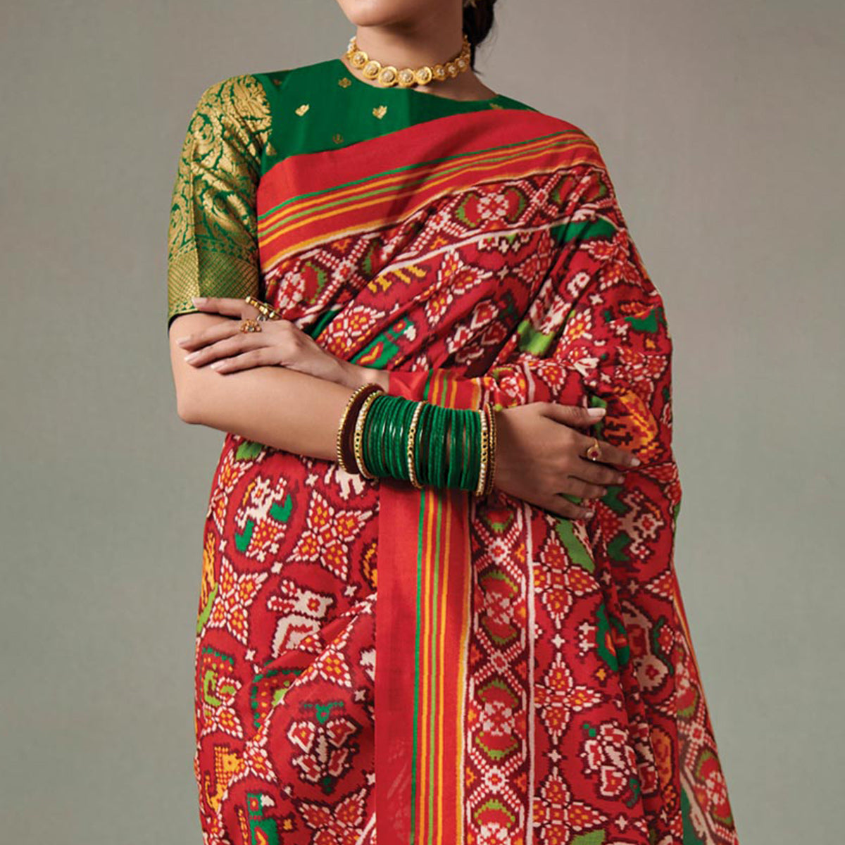 Red Printed Patola Art Silk Saree With Tassels