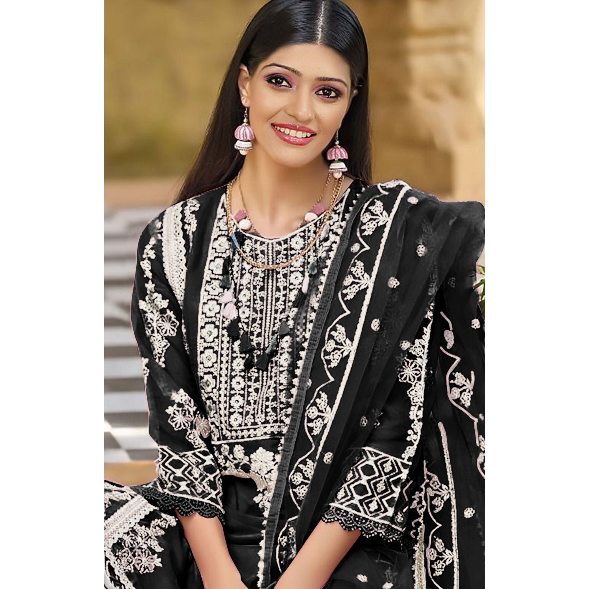 Black Floral Embroidered Organza Pakistani Suit