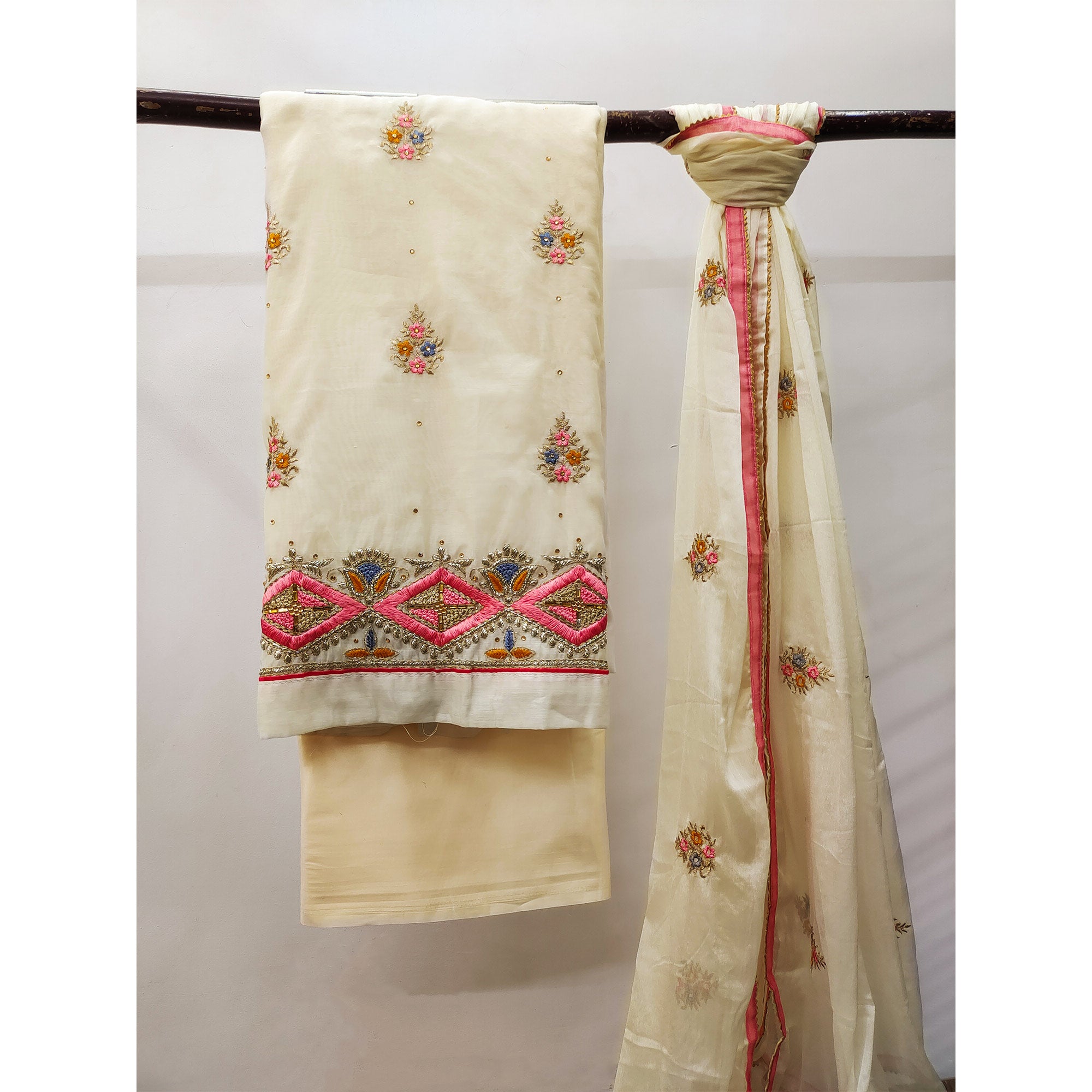 Cream Floral Embroidered Modal Dress Material