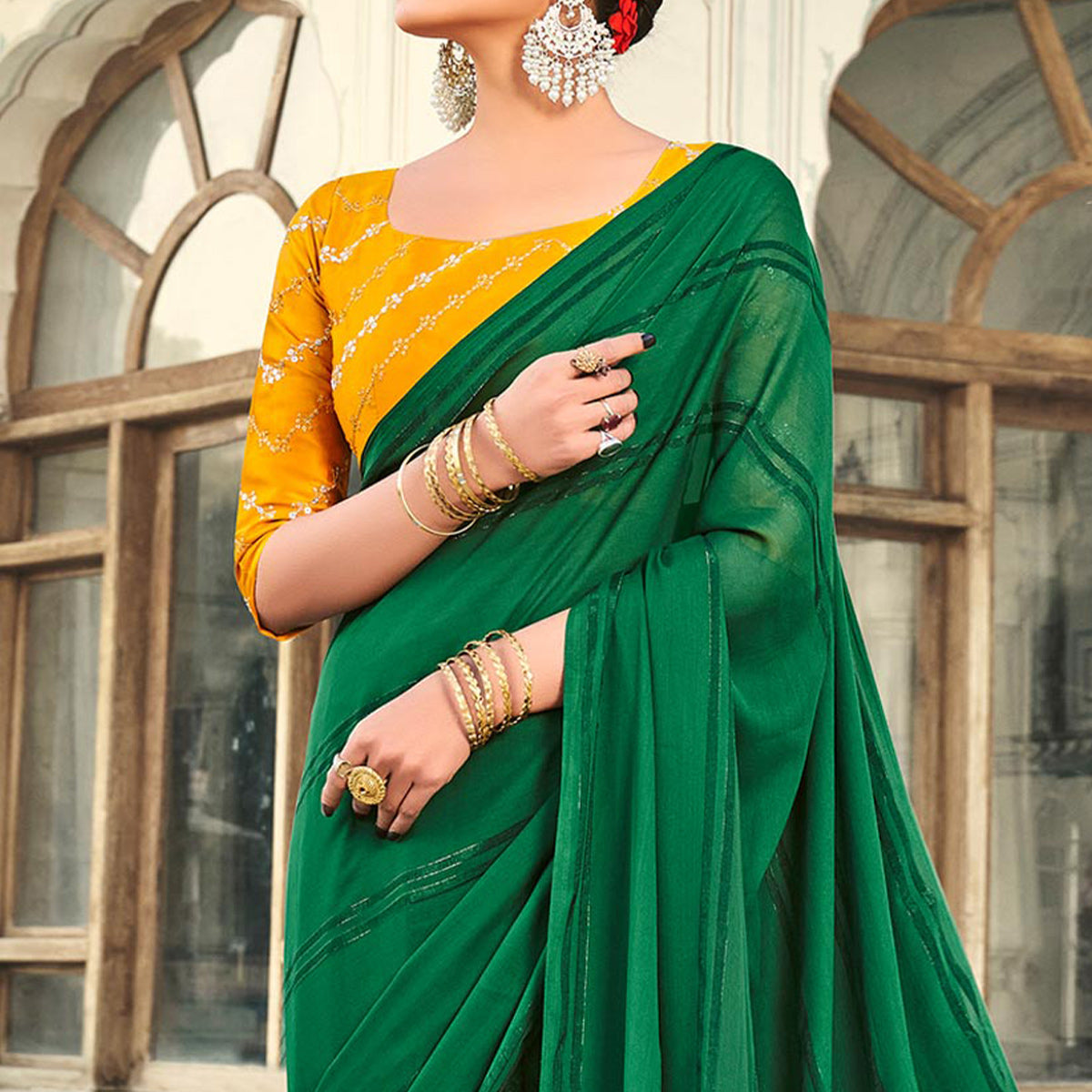 Green Printed Georgette Saree With Tassels