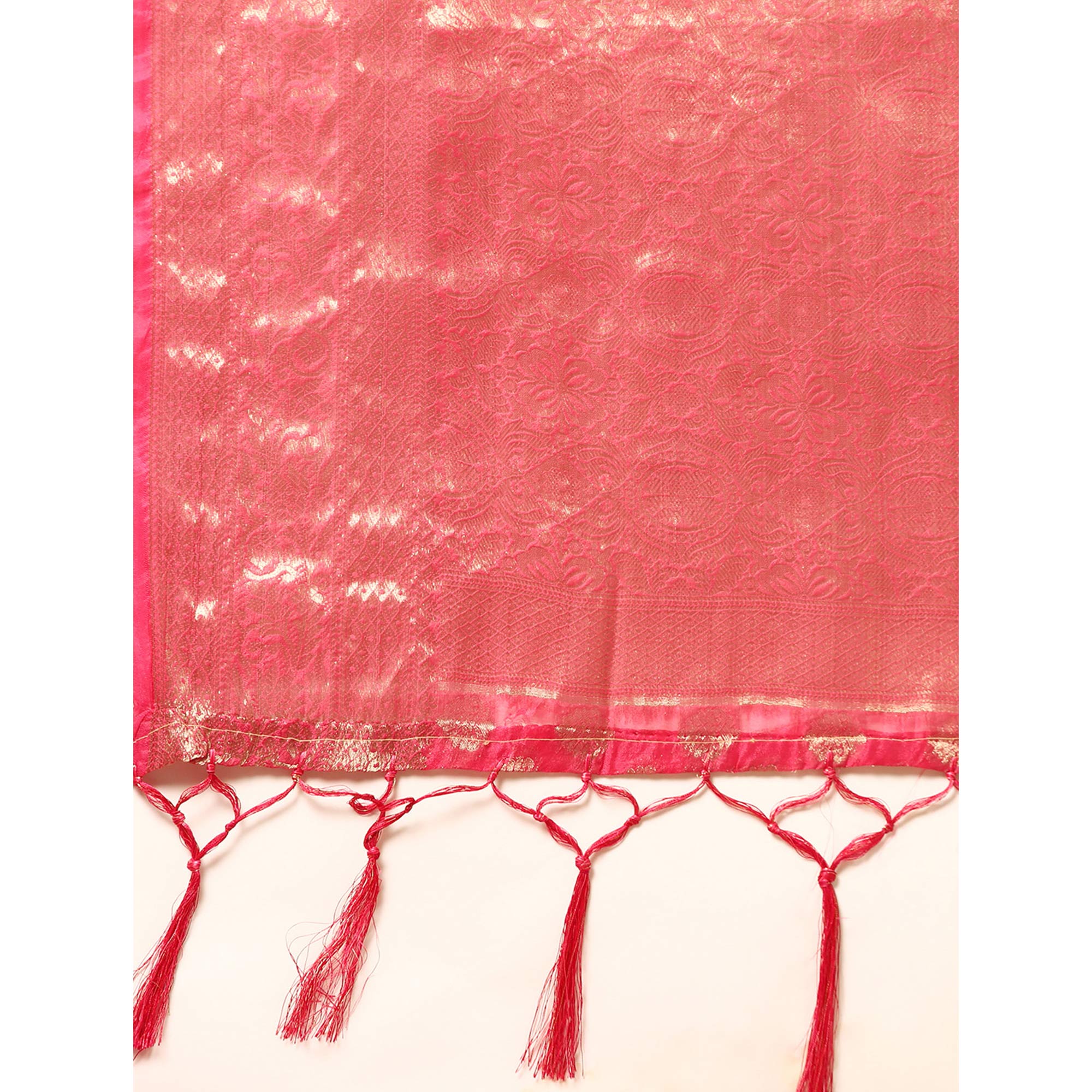 Rani Pink Woven Organza Silk Saree With Tassels