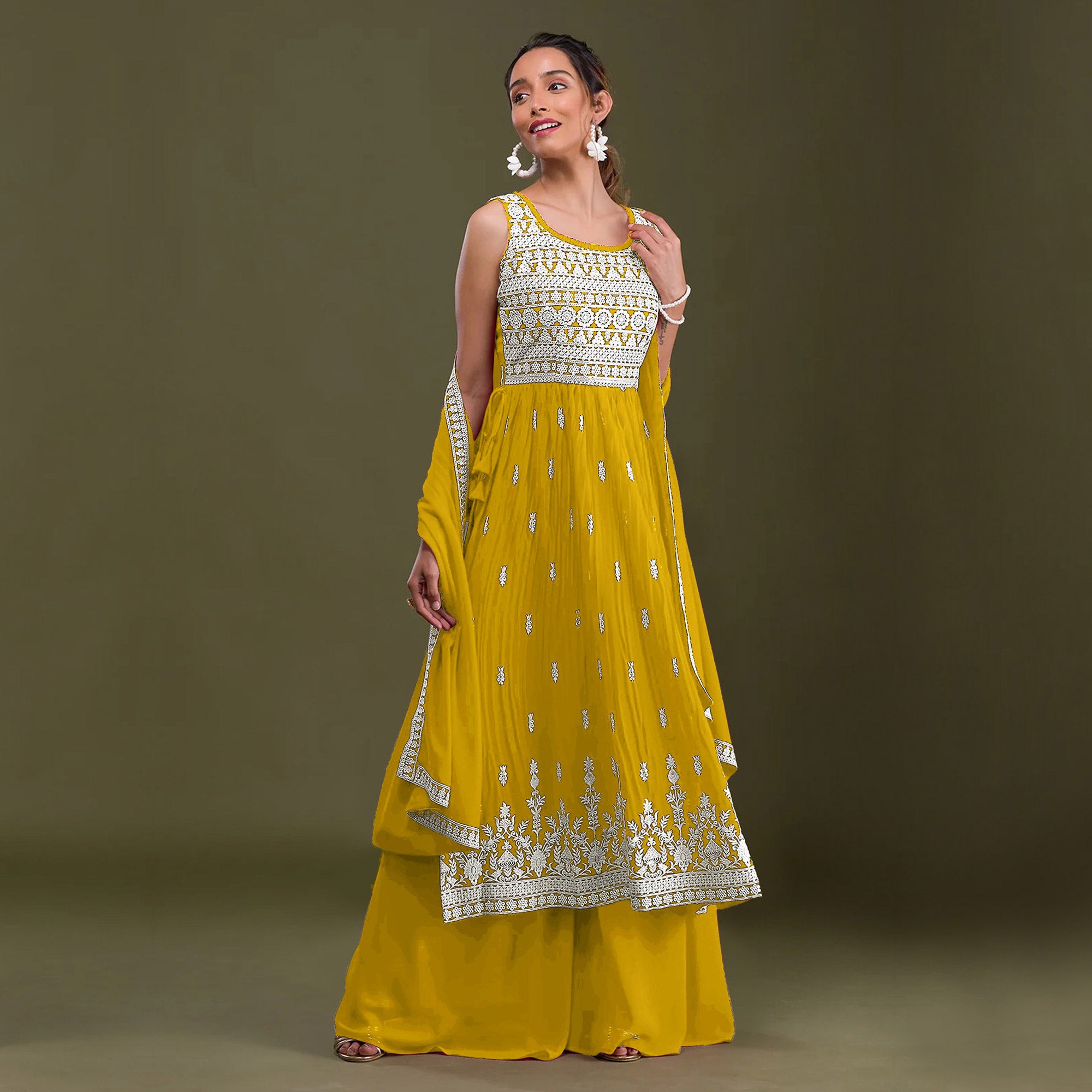 Yellow Embroidered Georgette Naira Cut Semi Stitched Palazzo Suit