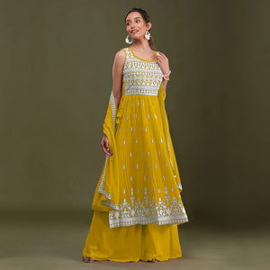 Yellow Embroidered Georgette Naira Cut Semi Stitched Palazzo Suit