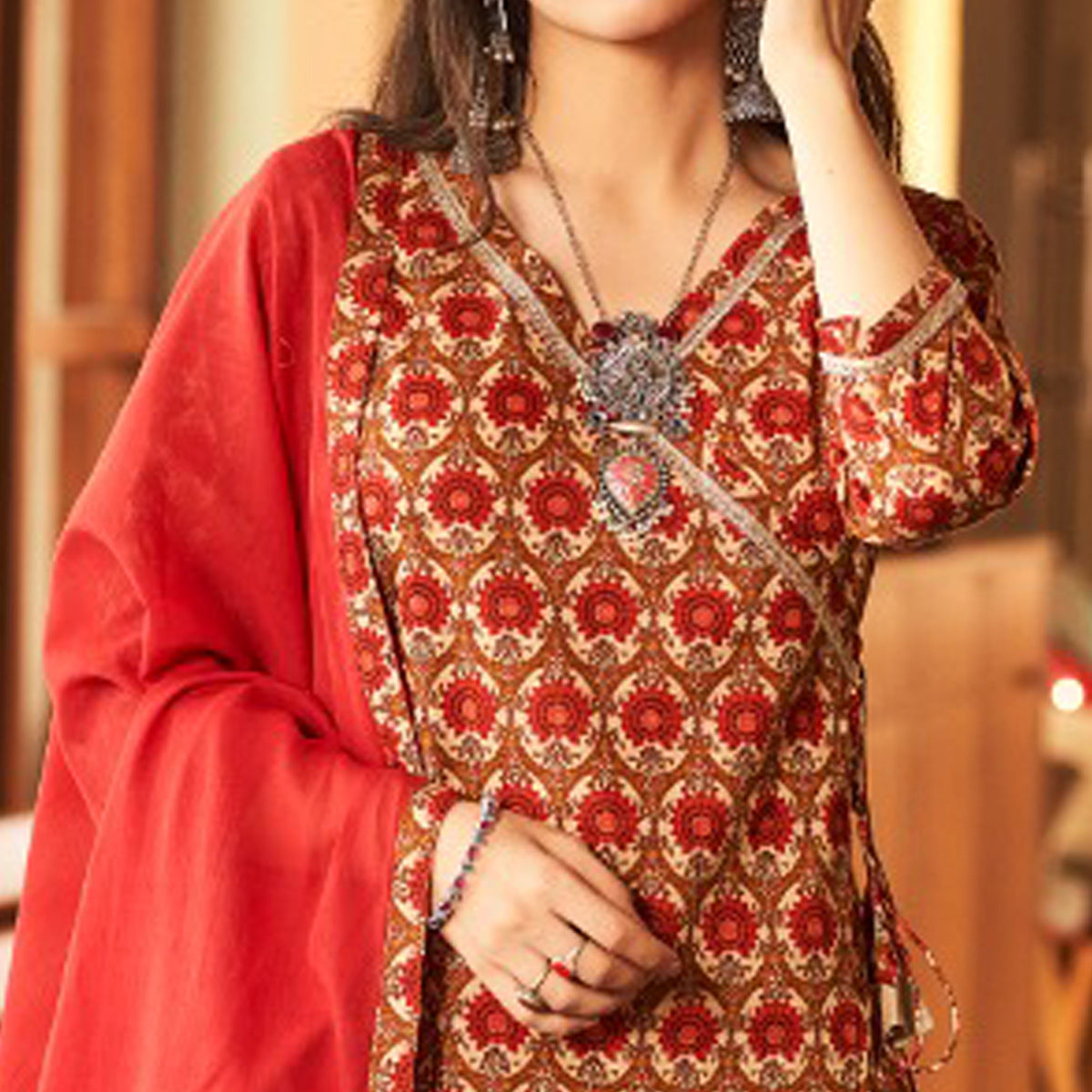 Rust Floral Printed Pure Cotton Angrakha Style Suit