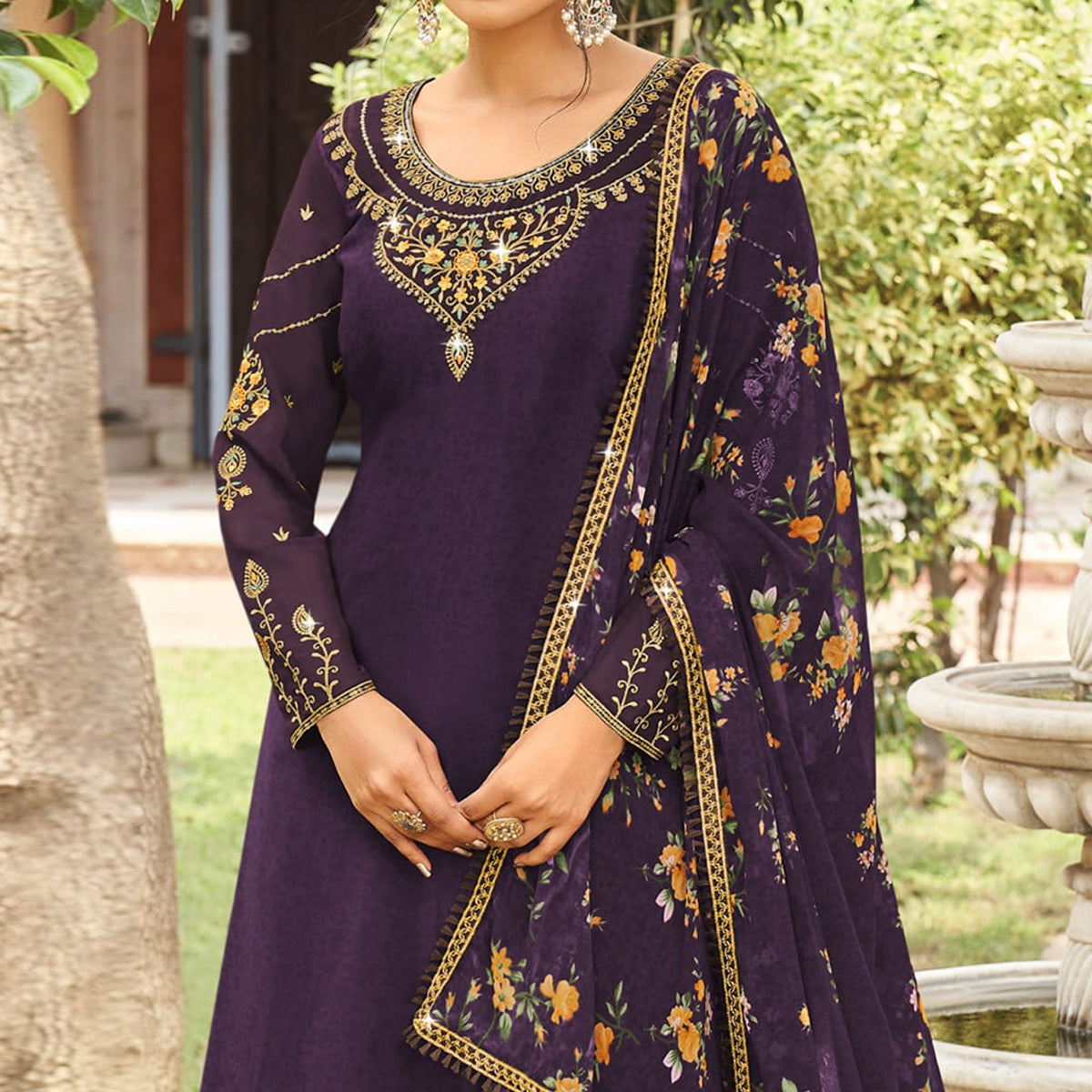 Purple Floral Embroidered Crepe Patiala Suit
