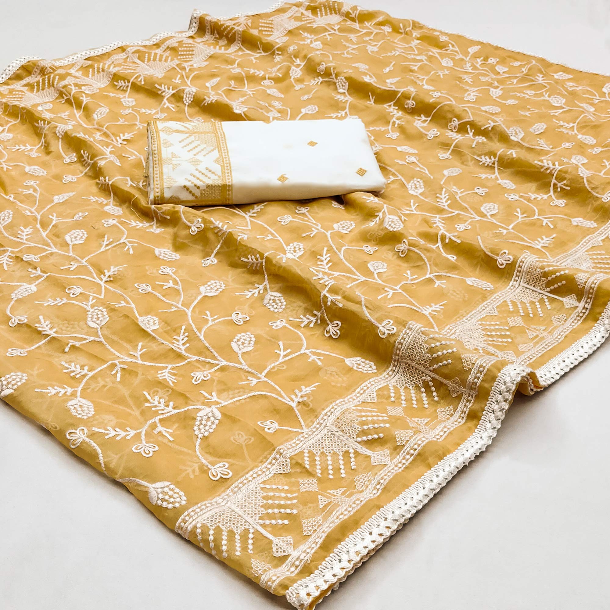 Yellow Lucknowi Work Organza Saree