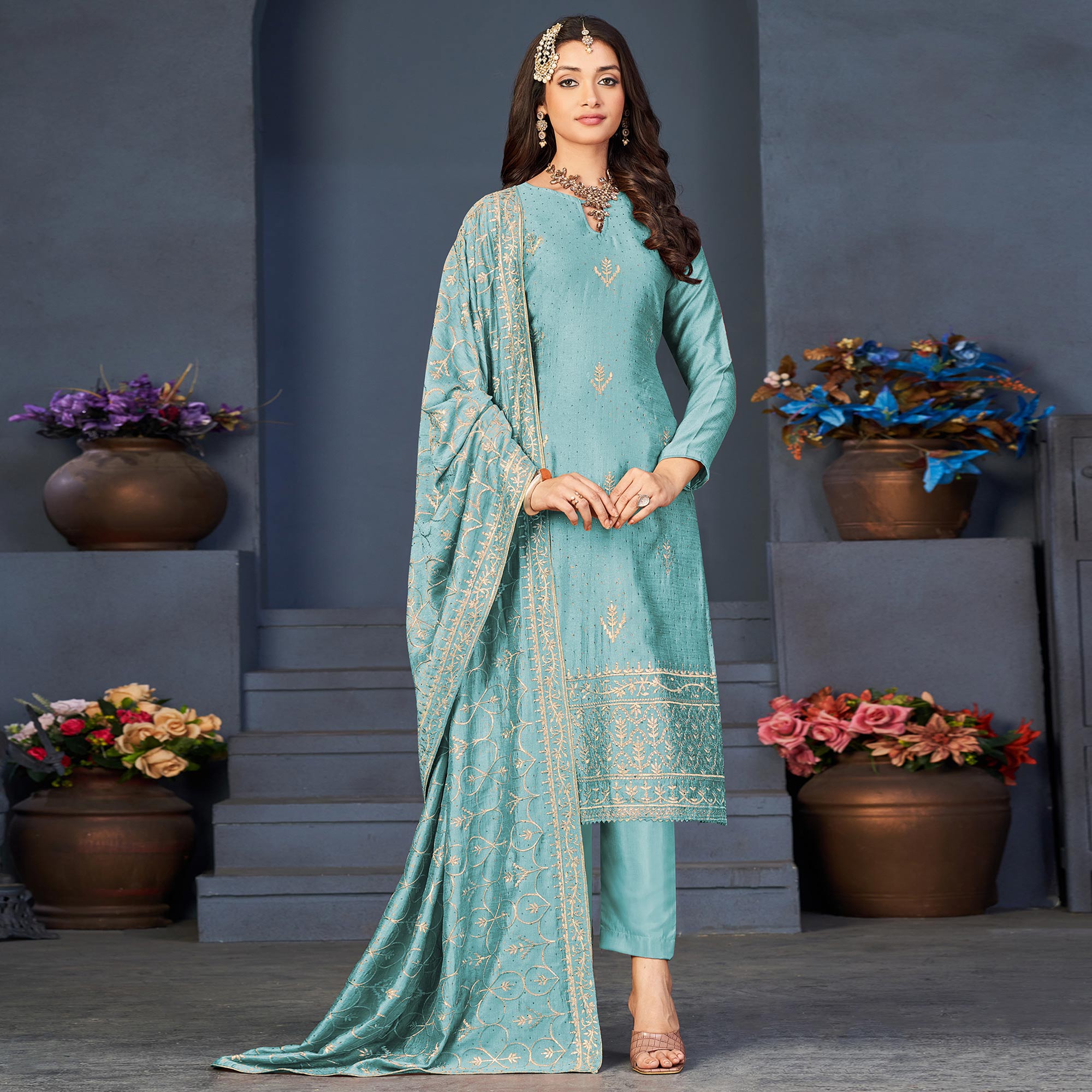 Sky Blue Sequins Embroidered Dola Silk Suit