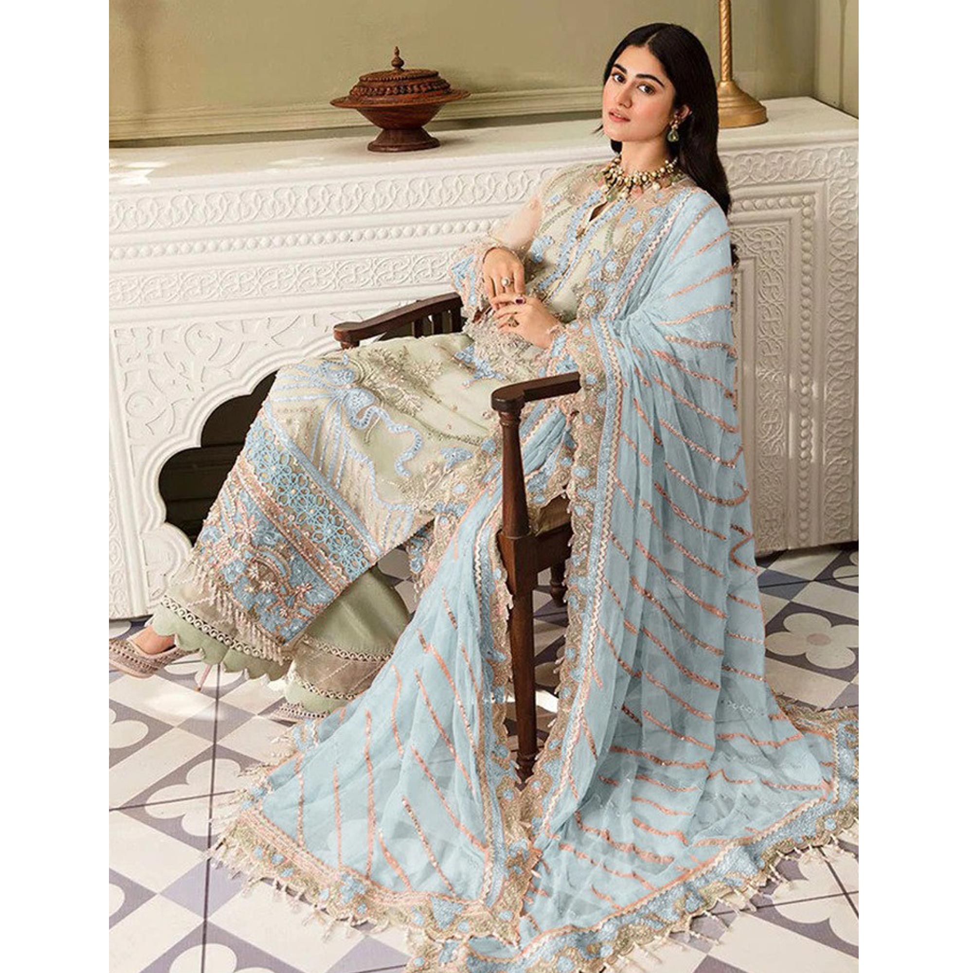 Pista Green And Blue Heavy Embroidered Georgette Pakistani Suit
