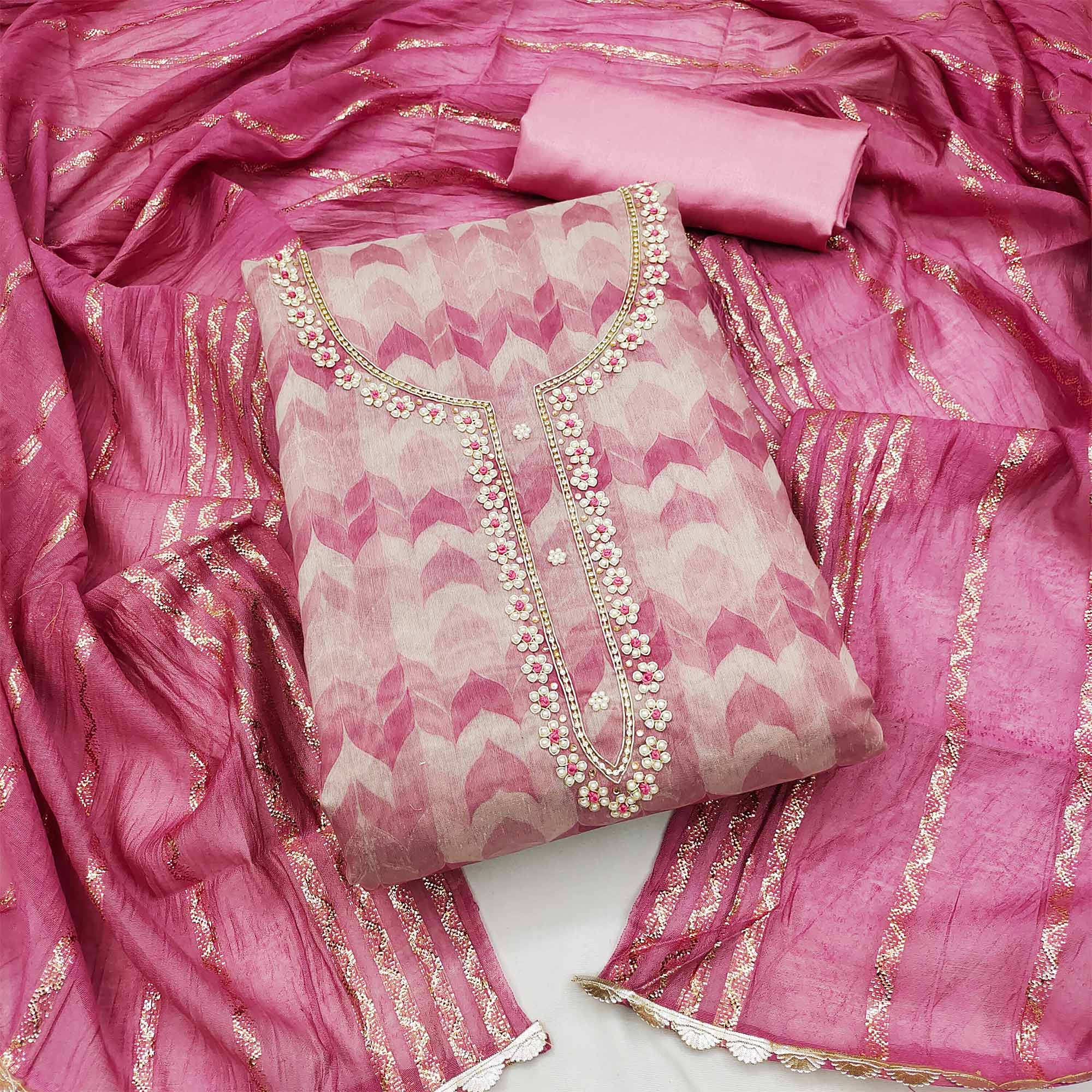 Pink Printed With Handwork Modal Dress Material