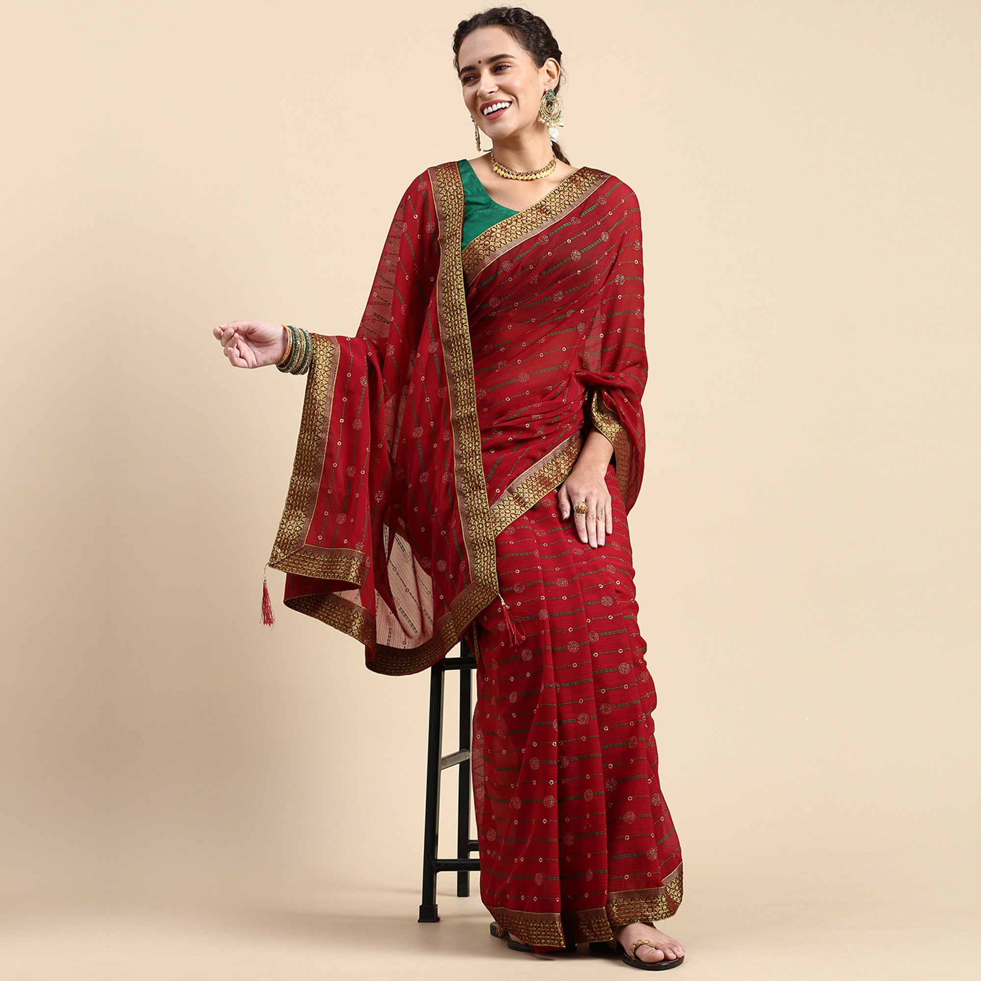 Maroon Foil Printed Zomato Saree