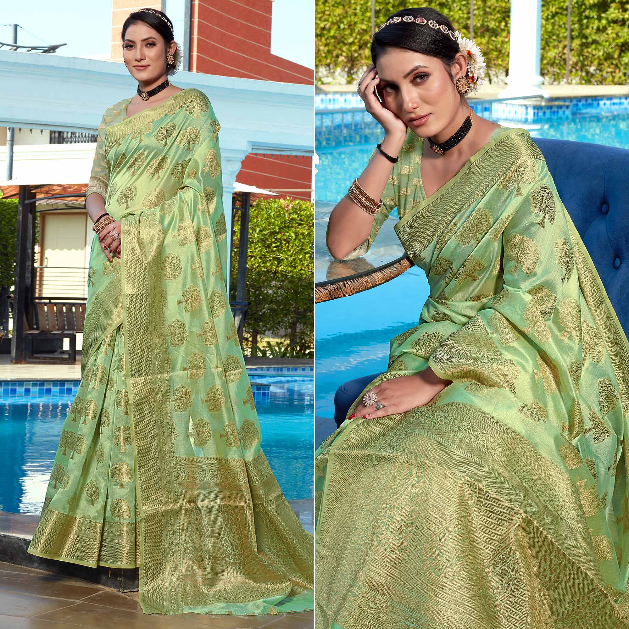 Sea Green Woven Organza Saree