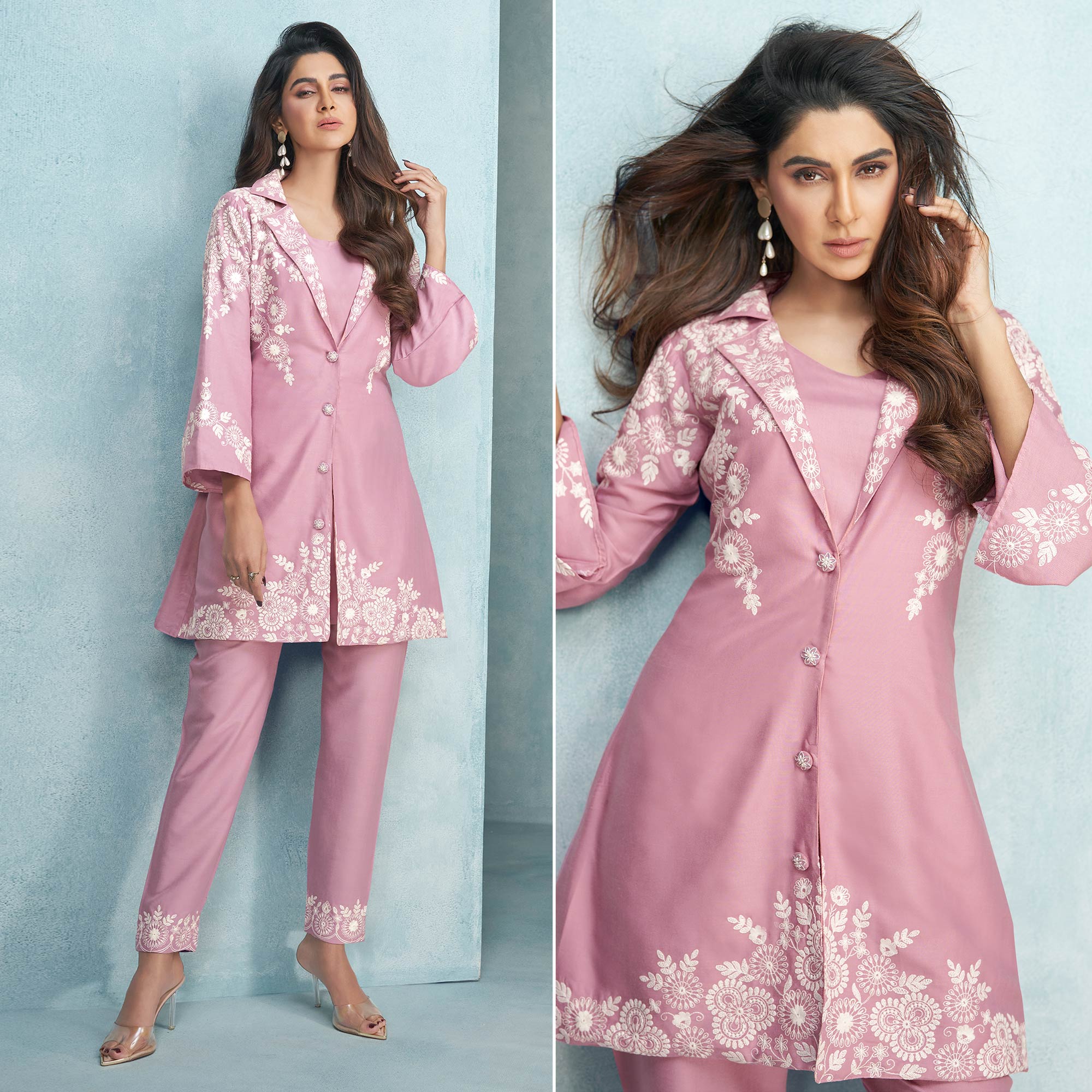 Pink Floral Embroidered Rayon Kurti Jacket Co Ord Set
