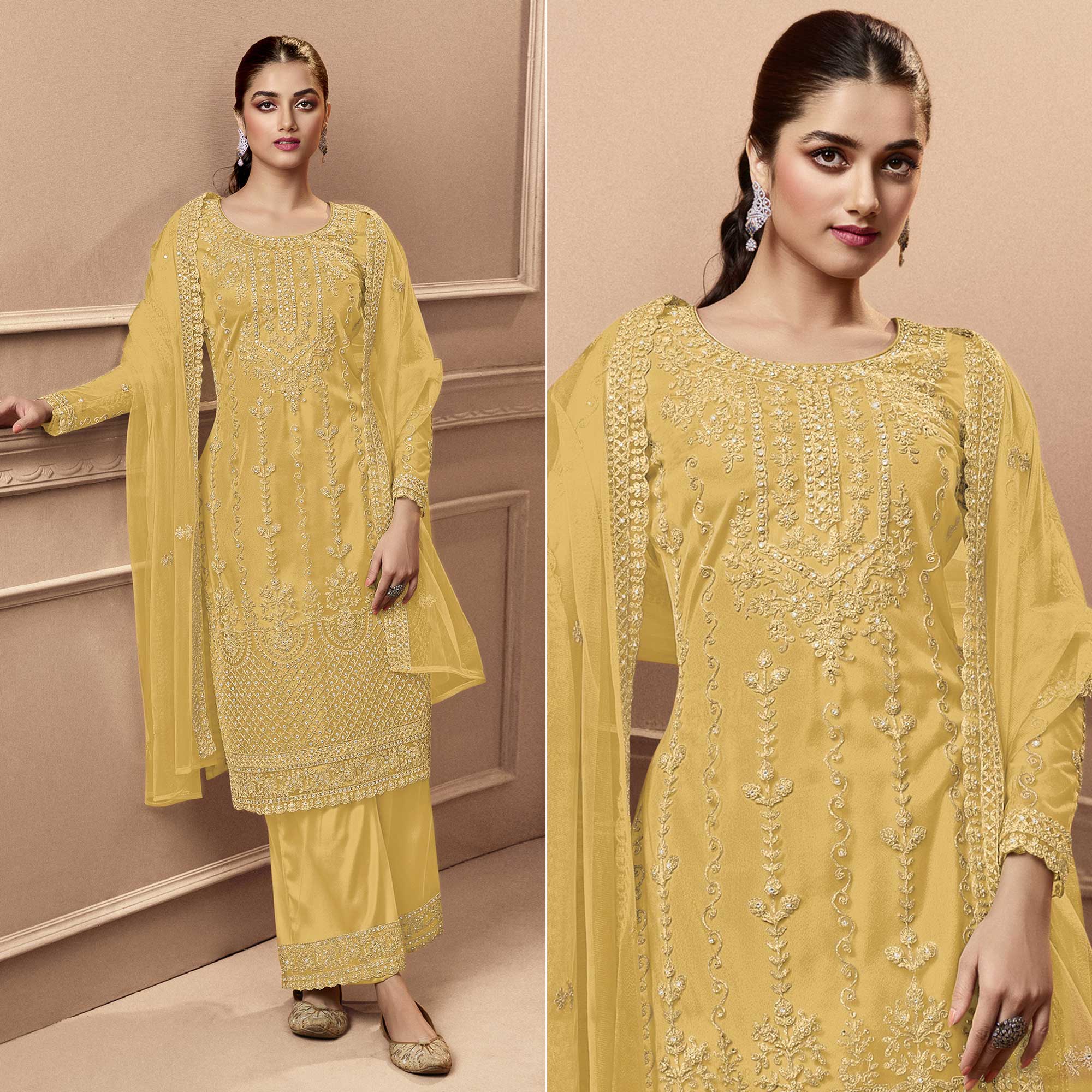 Yellow Floral Embroidered Netted Pakistani Suit
