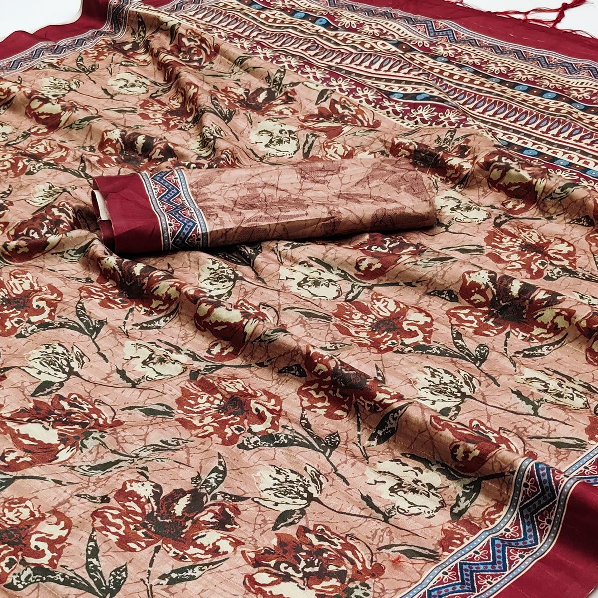 Peach Floral Digital Printed Tussar Silk Saree With Tassels