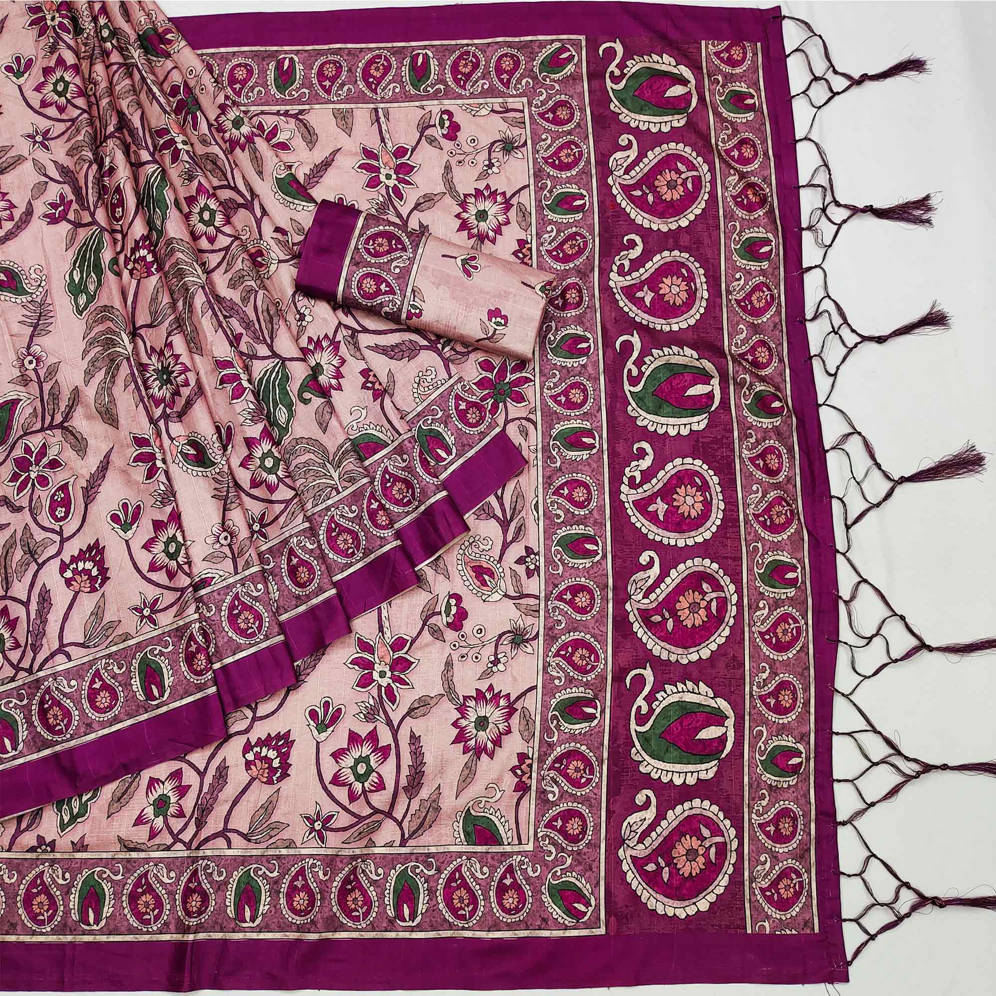 Pink Floral Digital Printed Tussar Silk Saree With Tassels