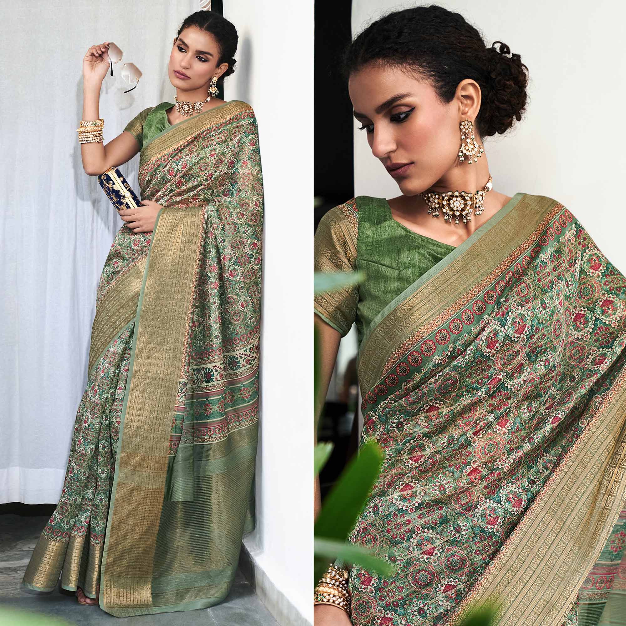 Green Digital Printed Linen Saree