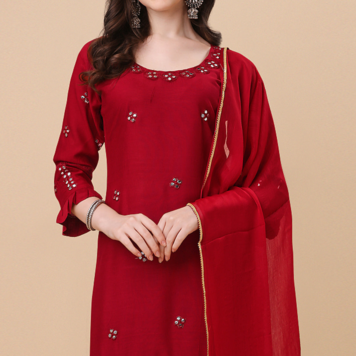 Red Embroidered Rayon Salwar Suit