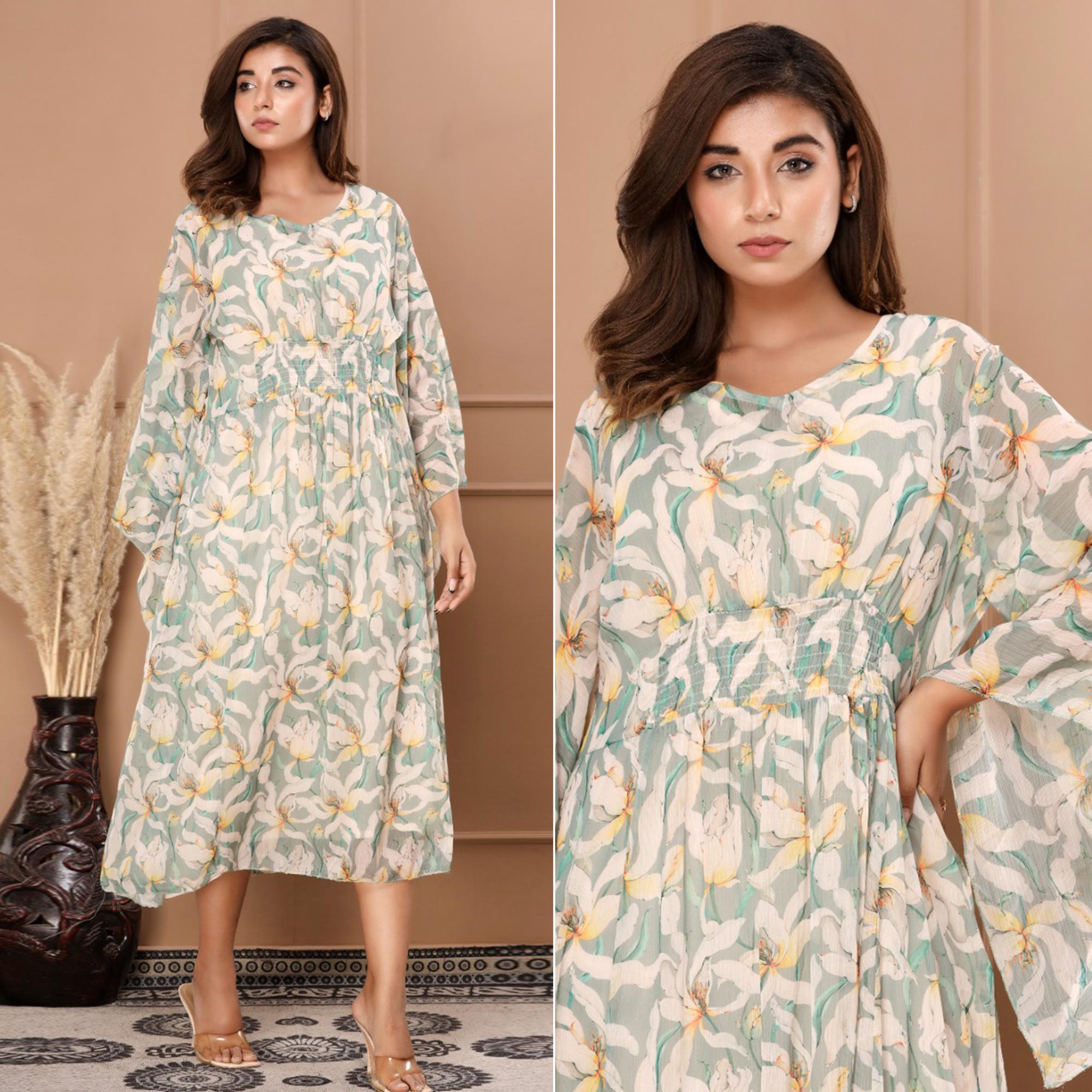 Green Floral Printed Chiffon Dress