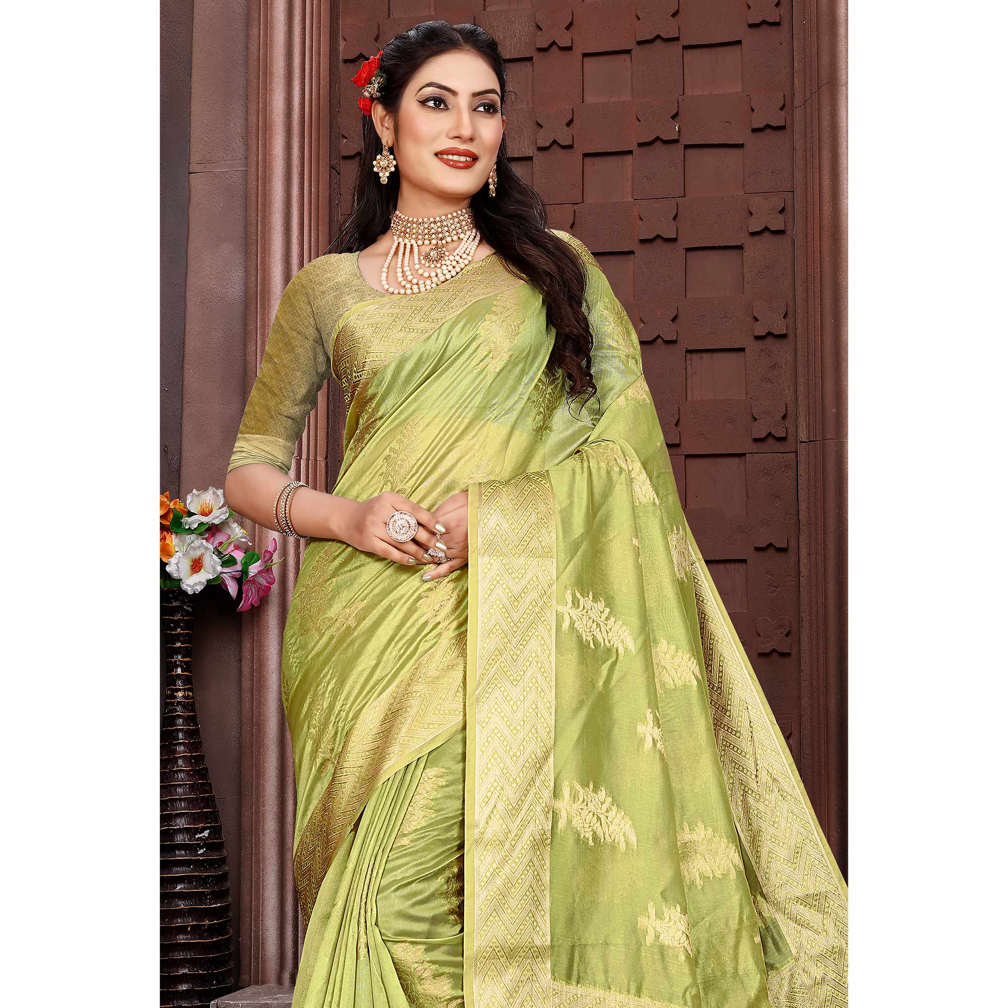 Pista Green Floral Woven Organza Saree