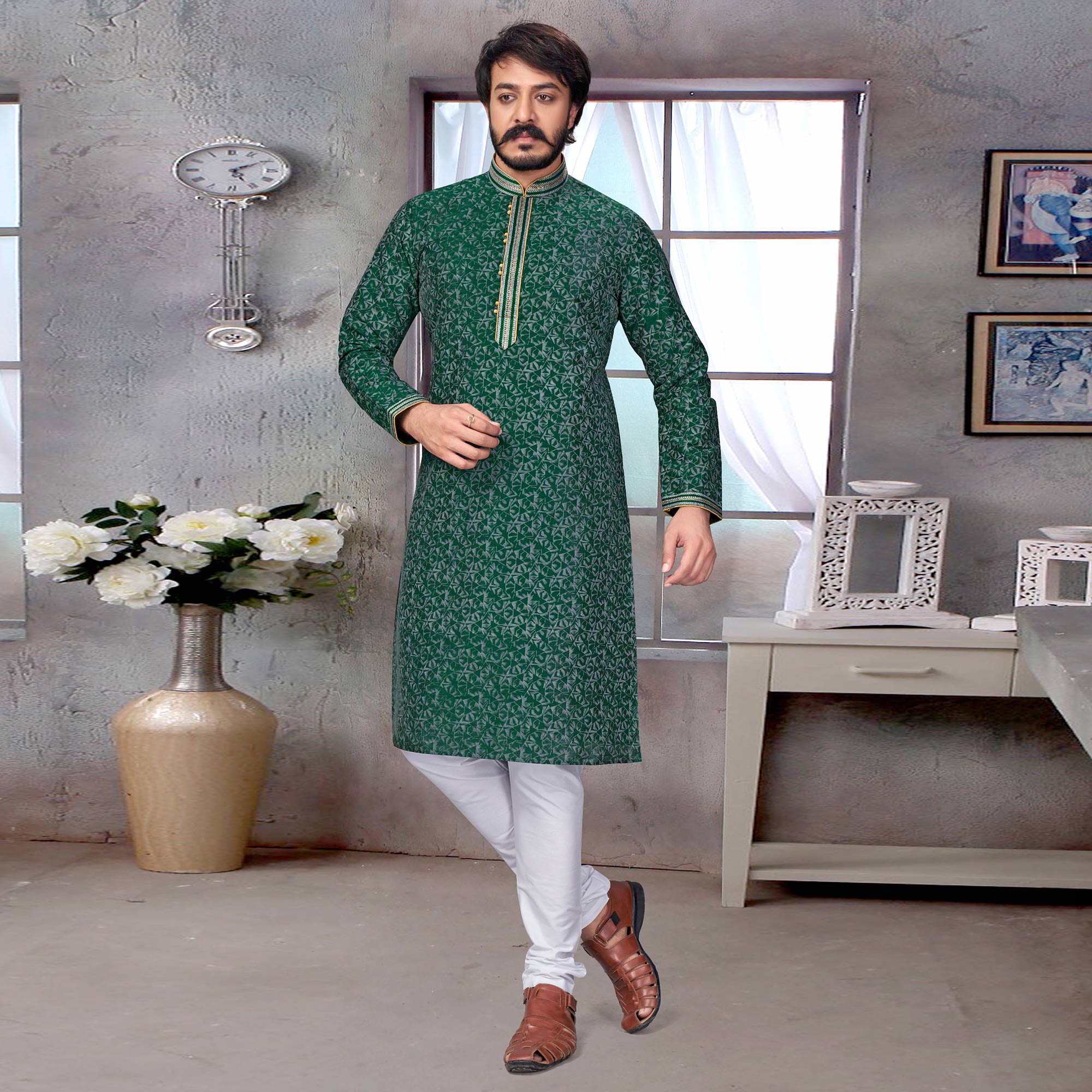 Green Printed Jacquard Kurta Pyjama Set