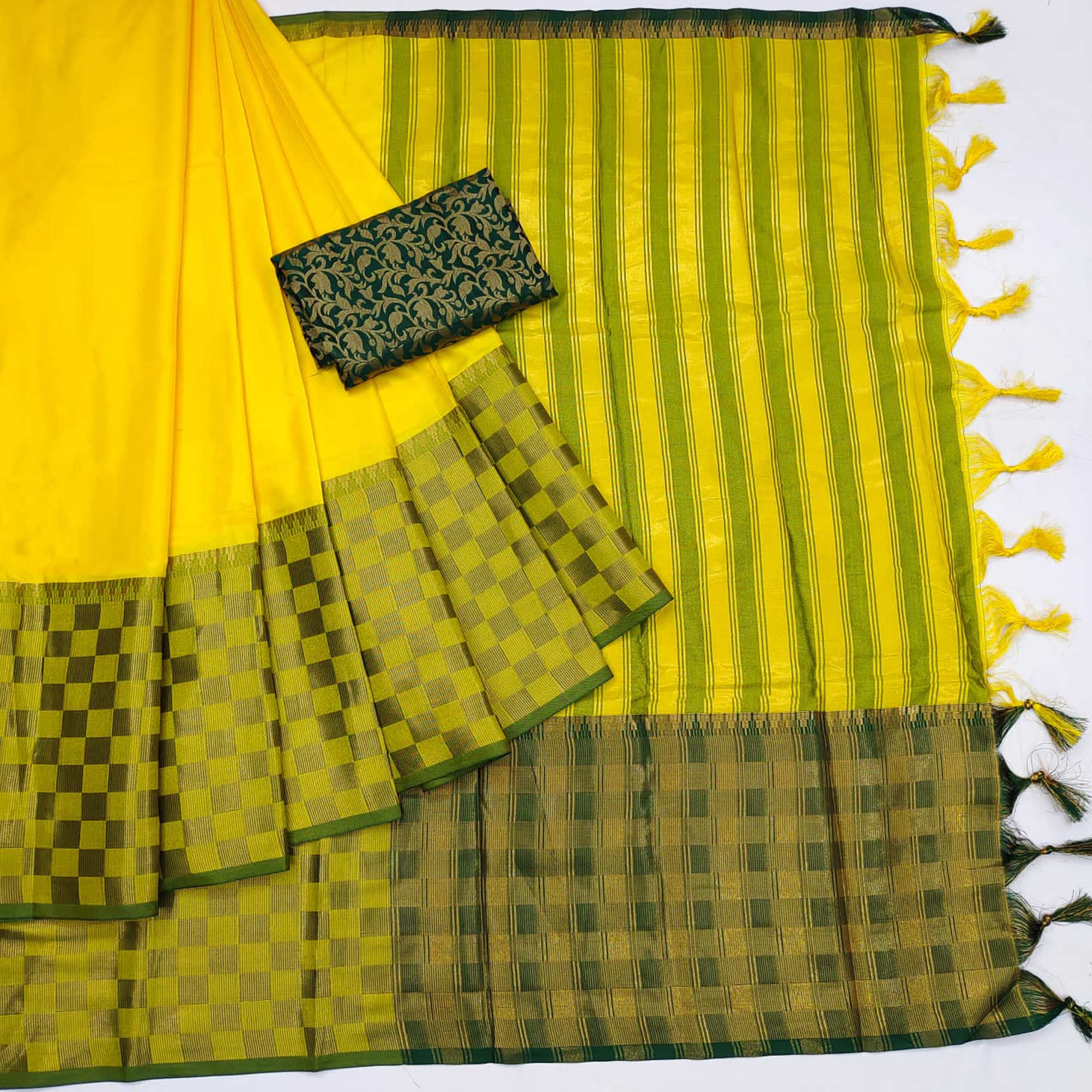 Yellow Woven Cotton Silk Saree With Tassels