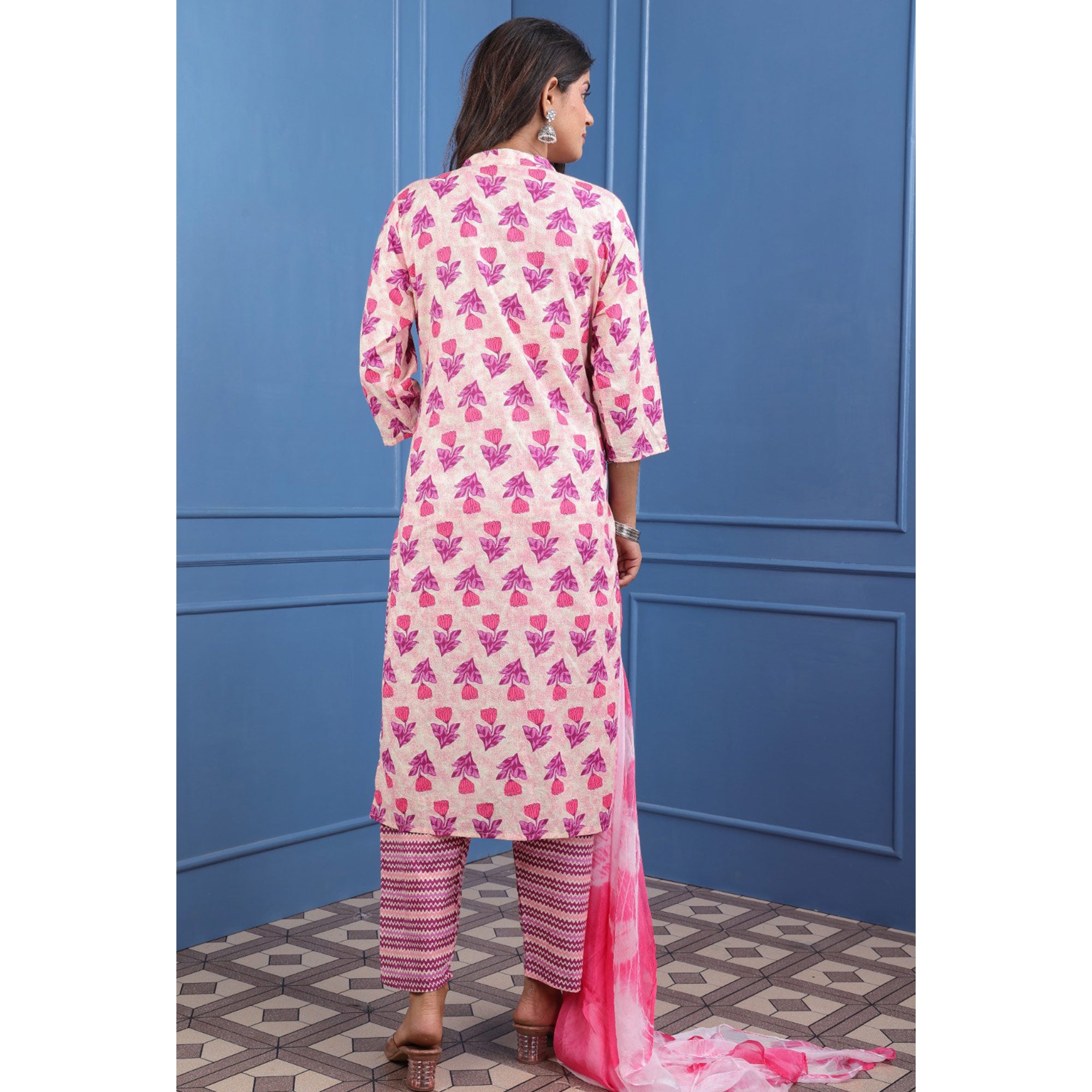 Cream Pink Floral Printed Pure Cotton Suit