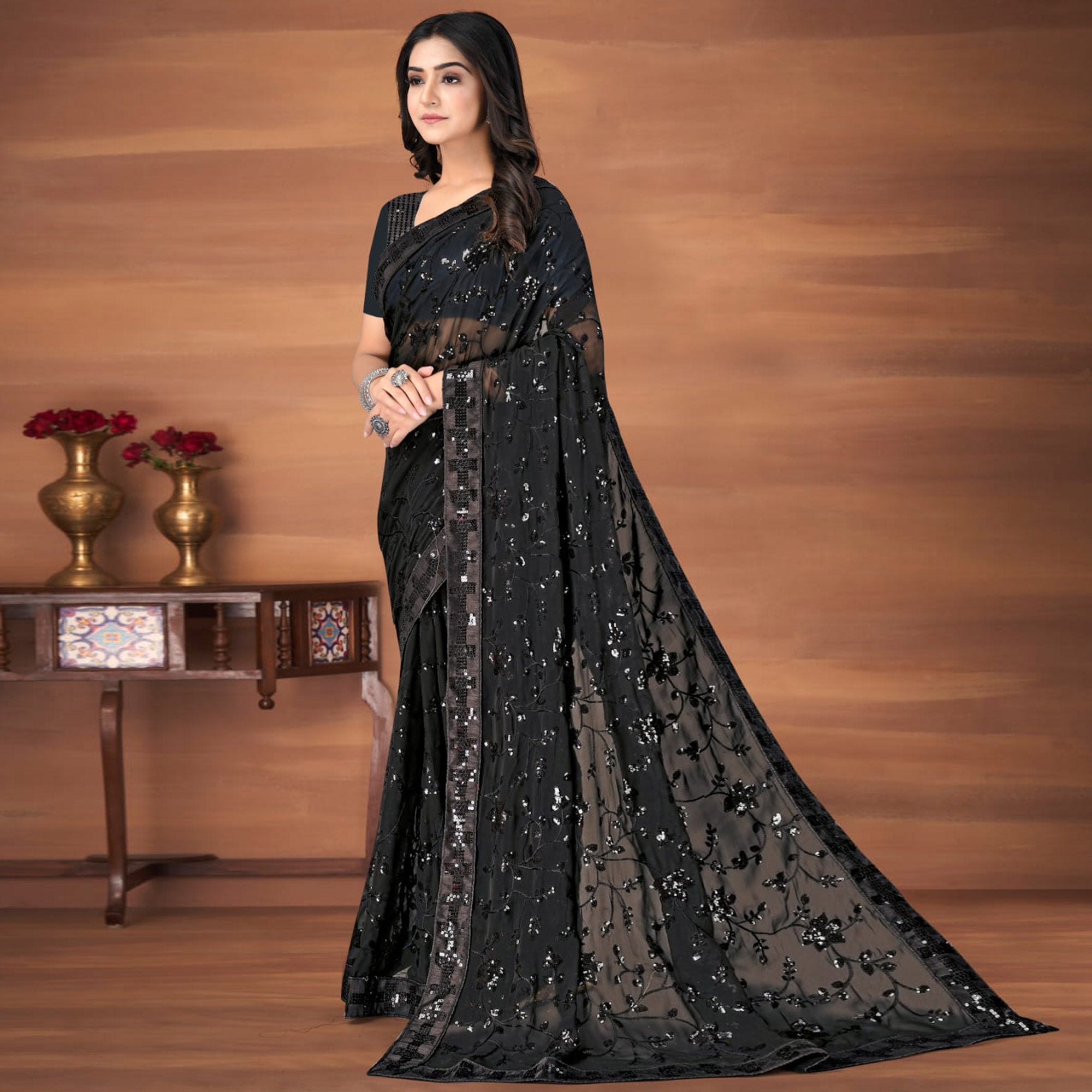 Black Sequins Emroidered Georgette Saree