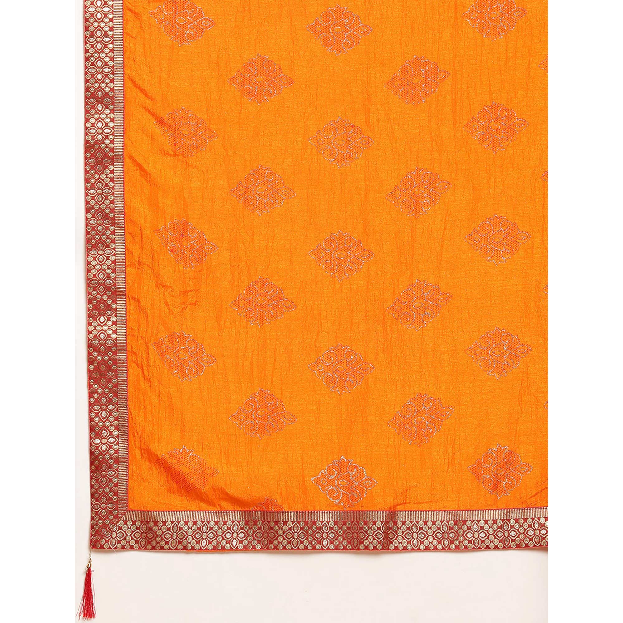 Light Orange Floral Foil Printed Vichitra Silk Saree