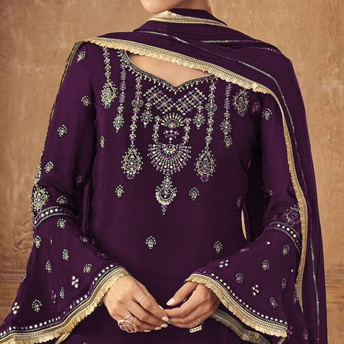 Purple Sequins Embroidered Georgette Sharara Suit
