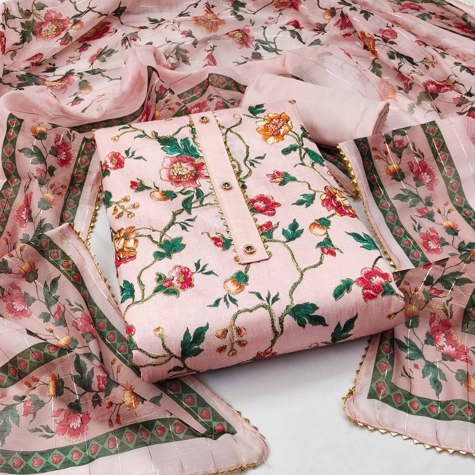 Pink Floral Printed Banglori Silk Dress Material