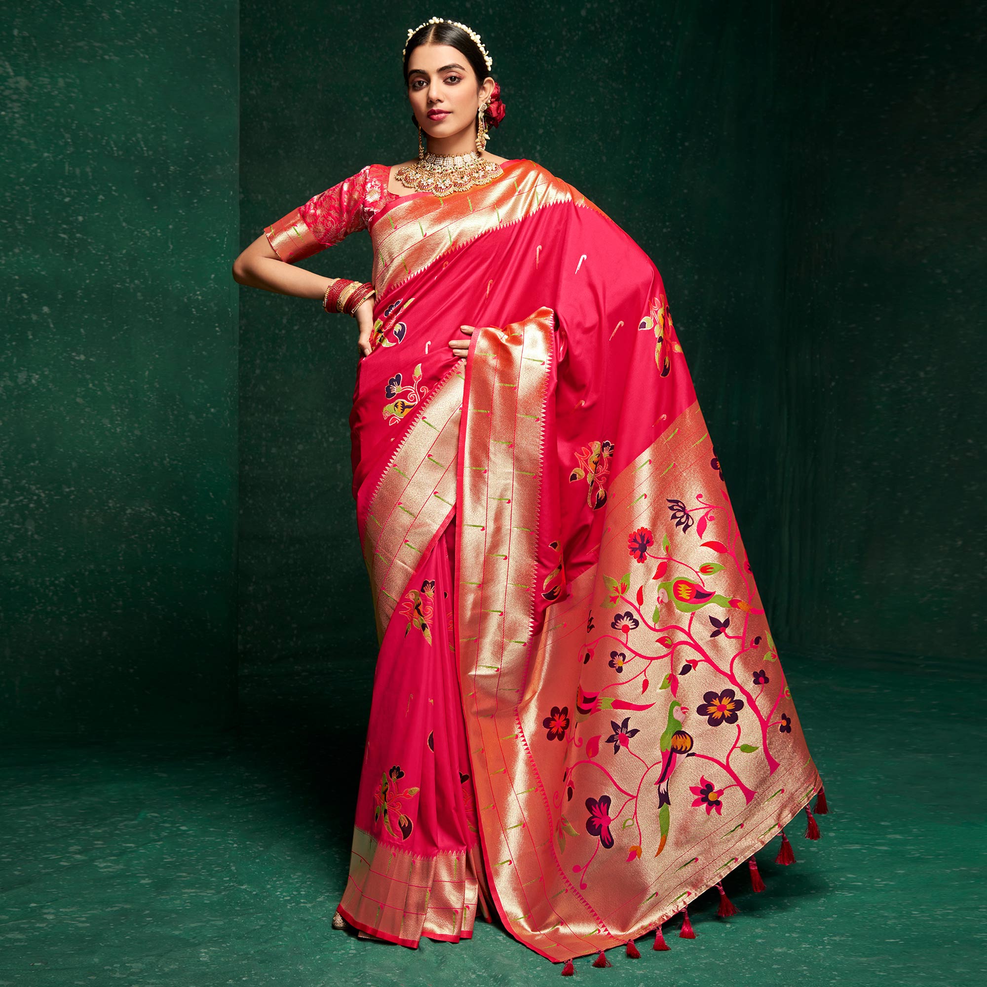 Pink Woven Pure Silk Paithani Saree With Tassels