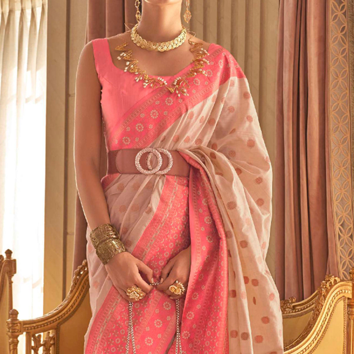 Offwhite Woven Art Silk Saree With Tassels