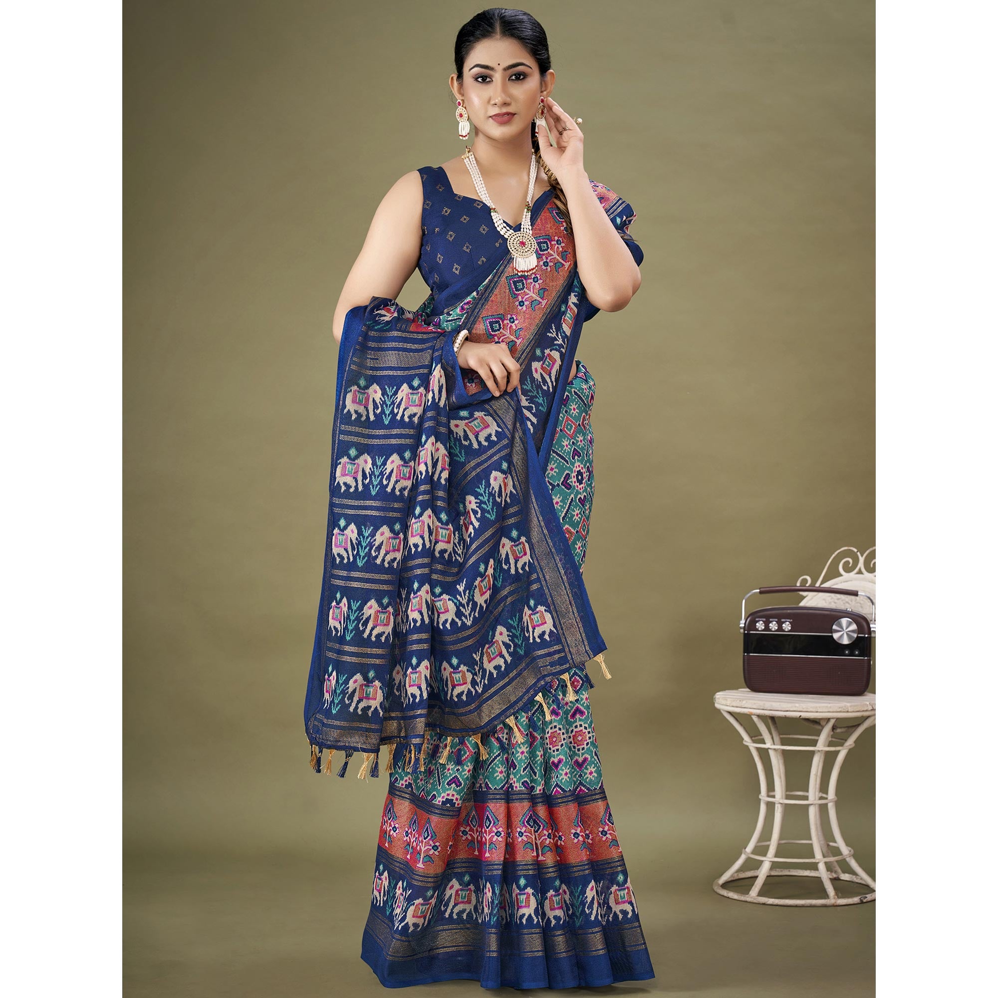 Blue Printed Jute Patola Saree