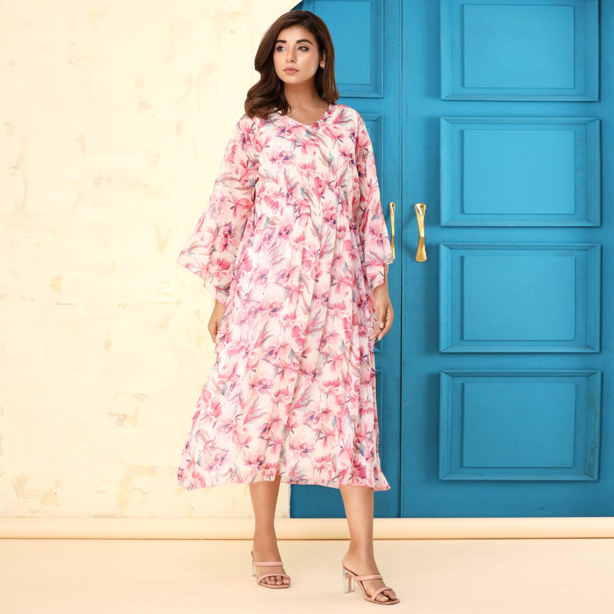 Pink Floral Printed Chiffon Dress